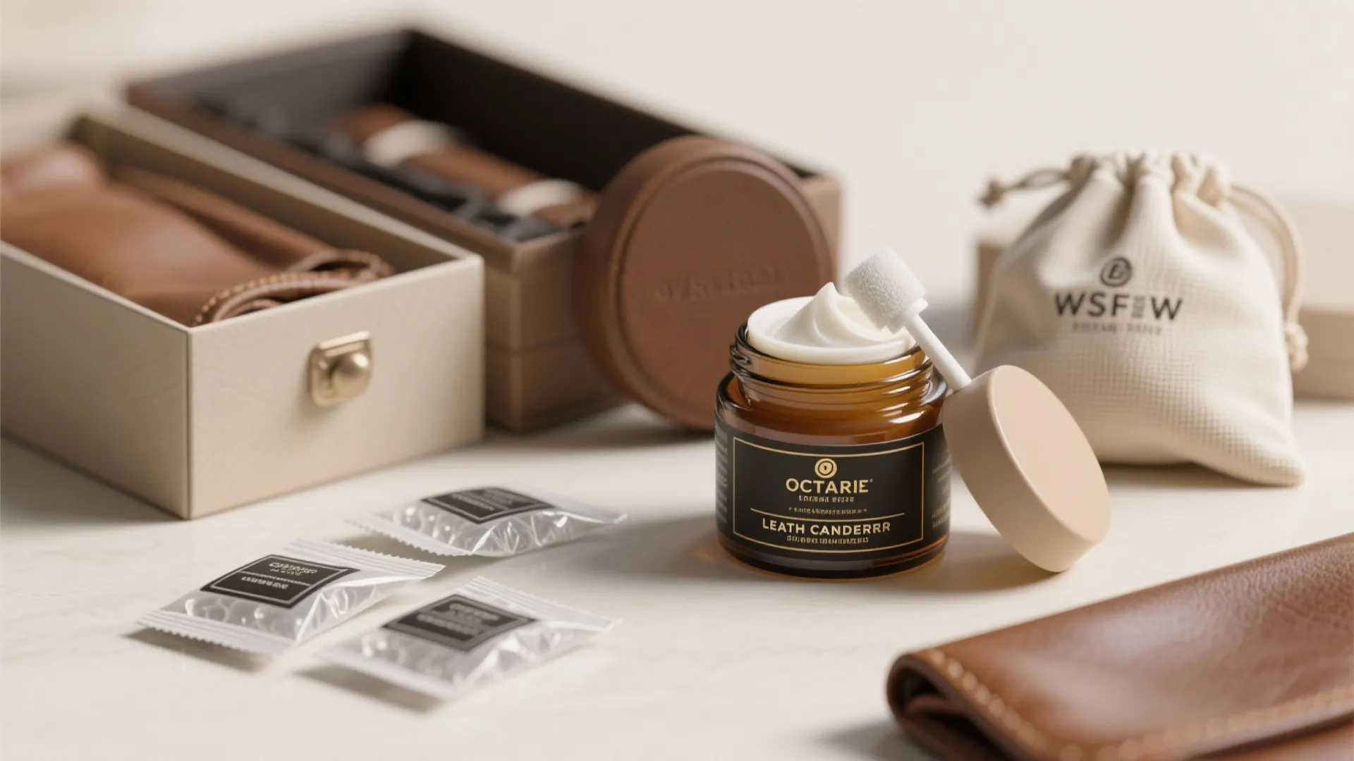 Open leather care cream jar with applicator near storage boxes small bags and brown wallet