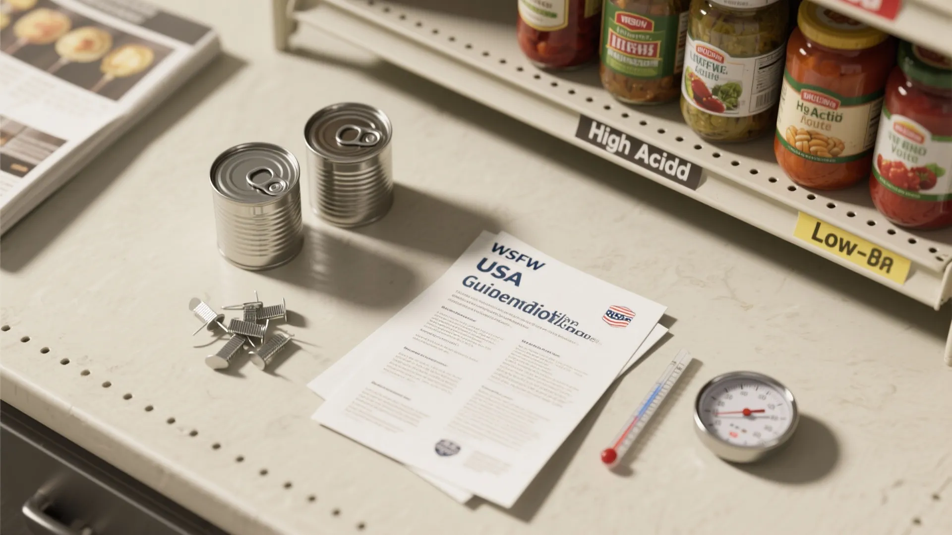 Metal food cans glass jars paper guide thermometer and round gauge on a white counter