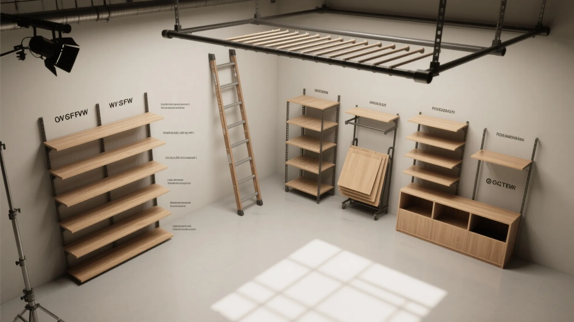 Garage storage room layout with wooden wall shelves a ladder cabinet and overhead ceiling rack