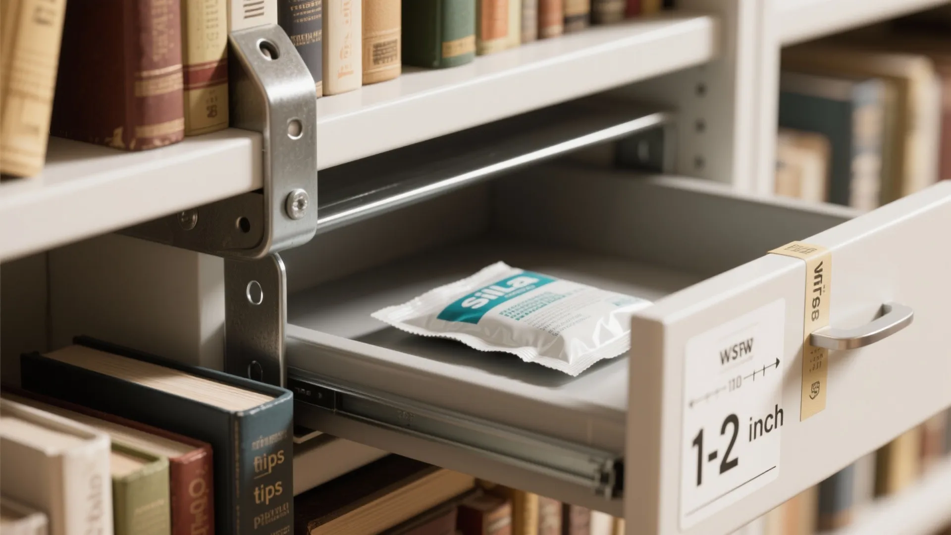 Close-up of heavy-duty bracket with books low on shelf, silica gel in a cabinet, and shelf clearance measurement tape.