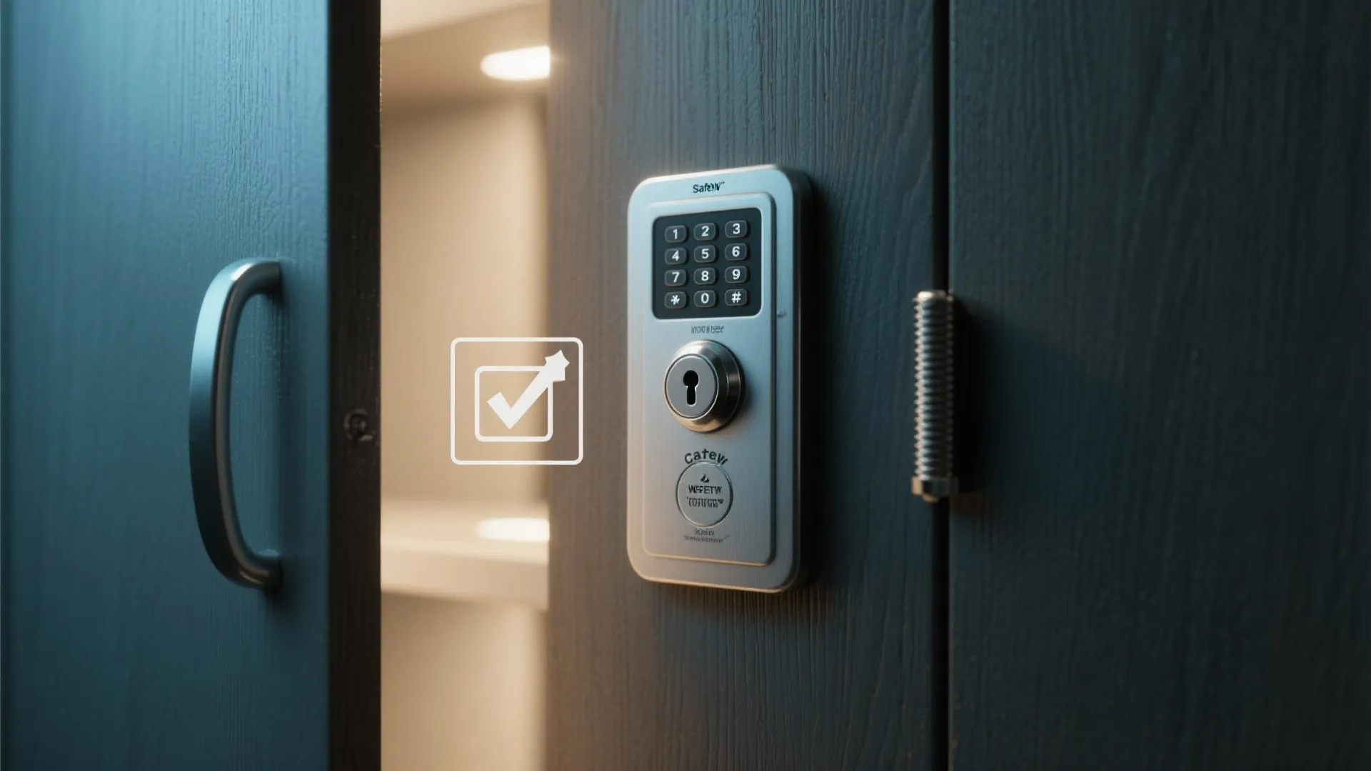 Close up of a digital key pad lock installed on a dark wood cabinet door