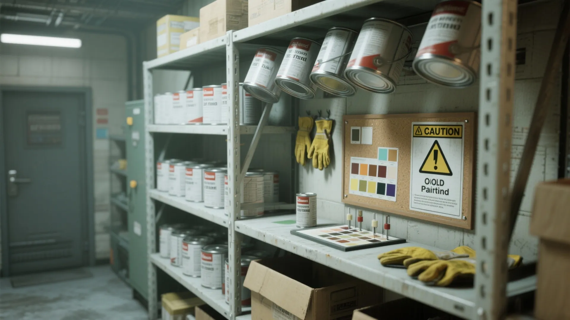 Storage room with metal shelves holding paint cans yellow gloves and a caution safety sign