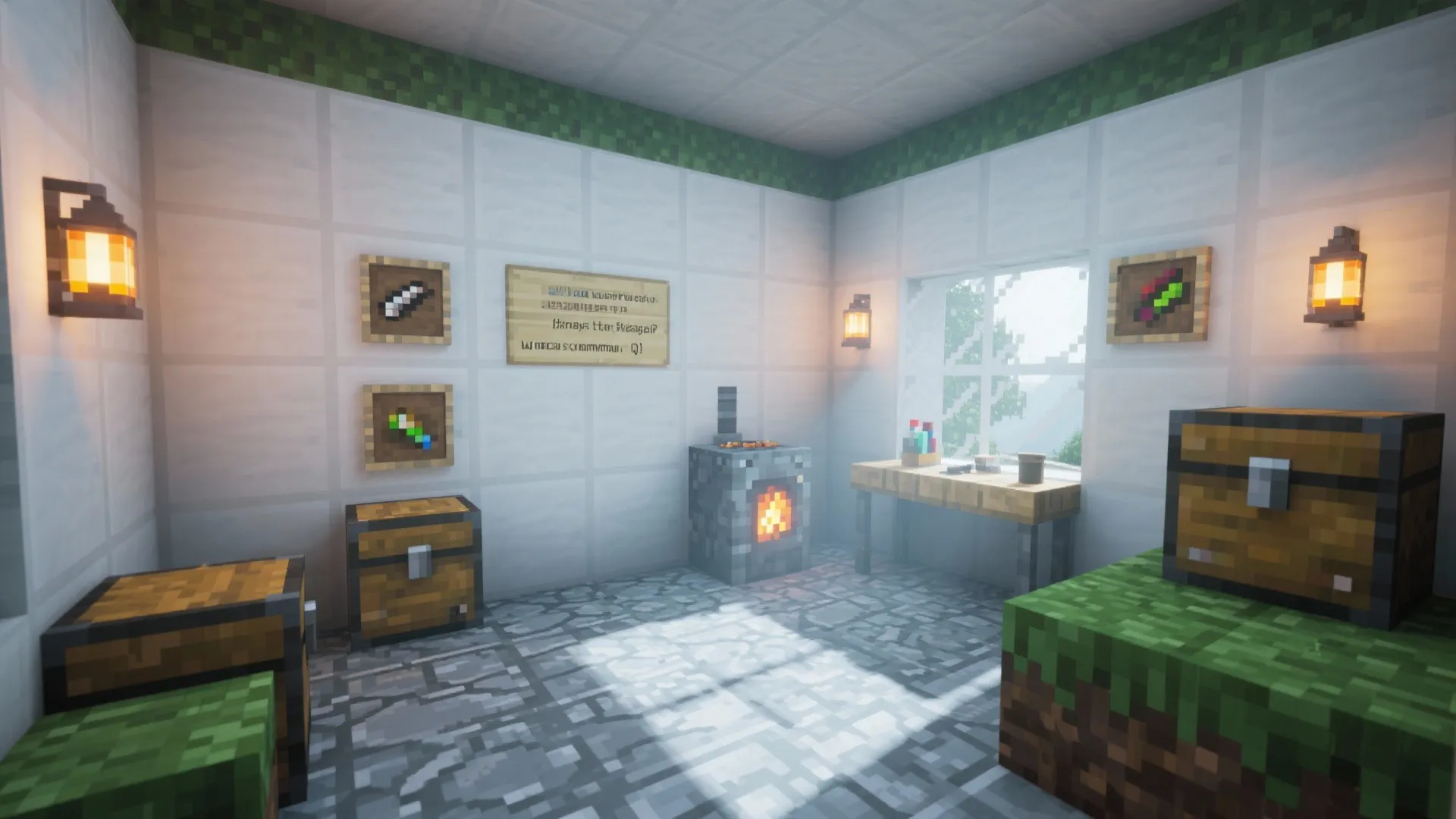 Bright Minecraft room with stone floor wooden chests stone oven with fire and wall lights