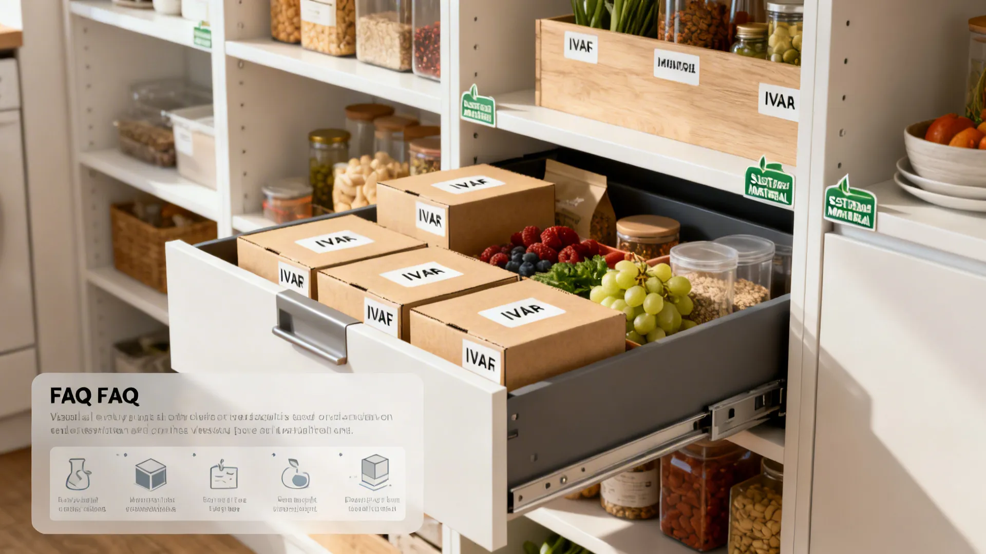 Organized shelving and labeled boxes illustrating common IKEA storage FAQs and eco-friendly options
