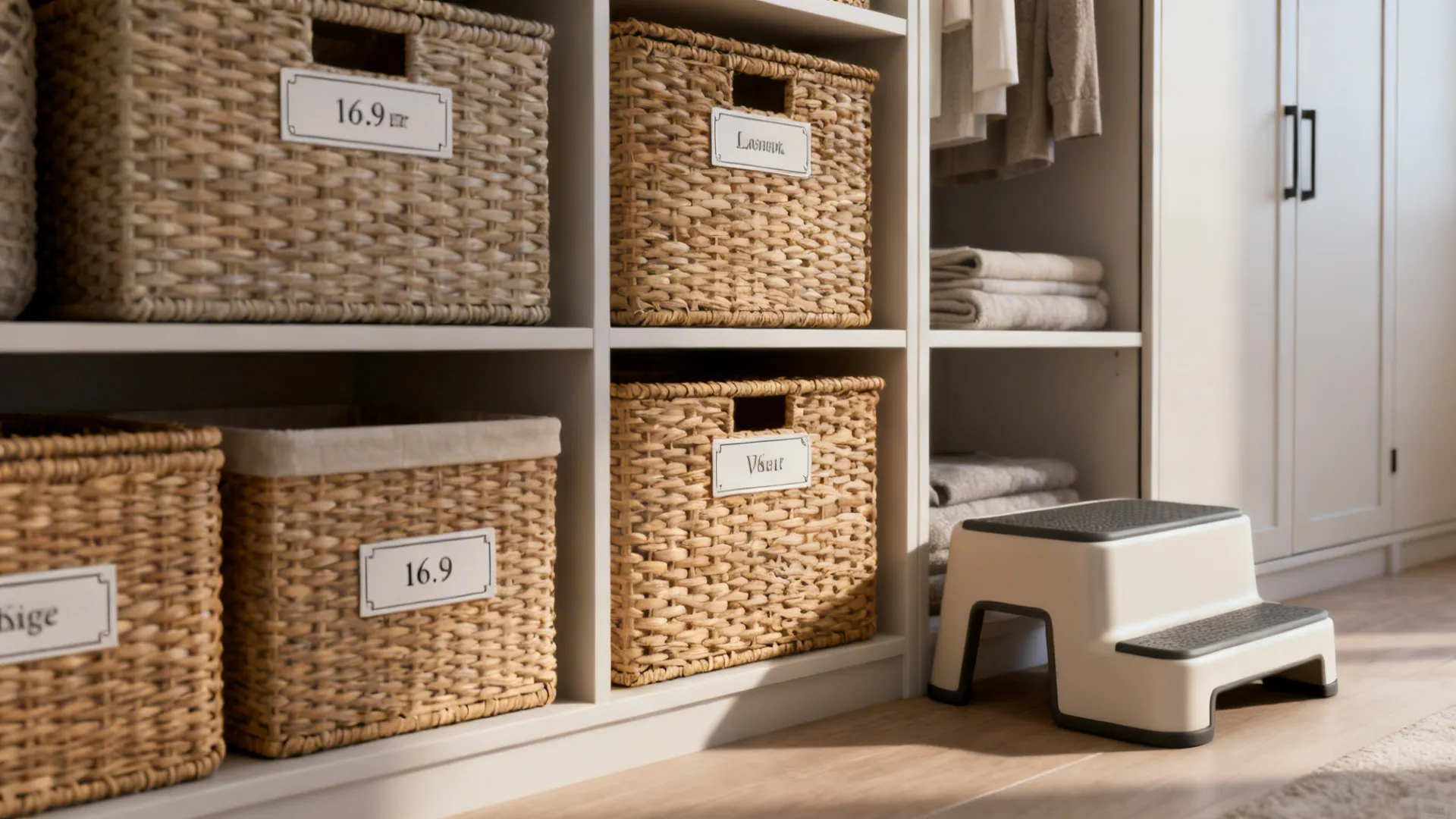 Labeled woven baskets on a high shelf with a step stool for access.