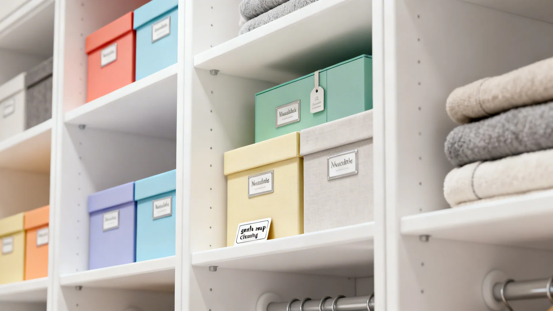 White wardrobe interior with color-coded boxes and washable textile labels