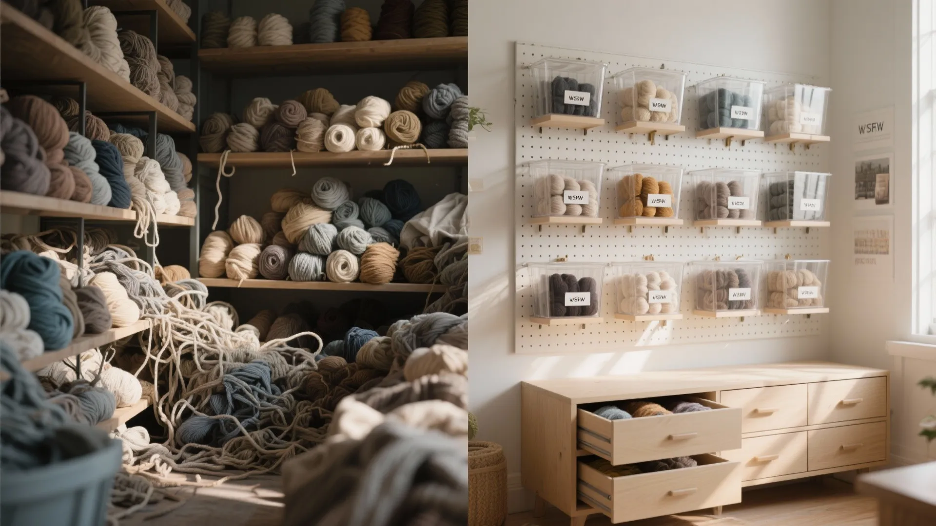 Comparison showing messy shelves of yarn versus organized storage with pegboard and wooden drawer cabinet