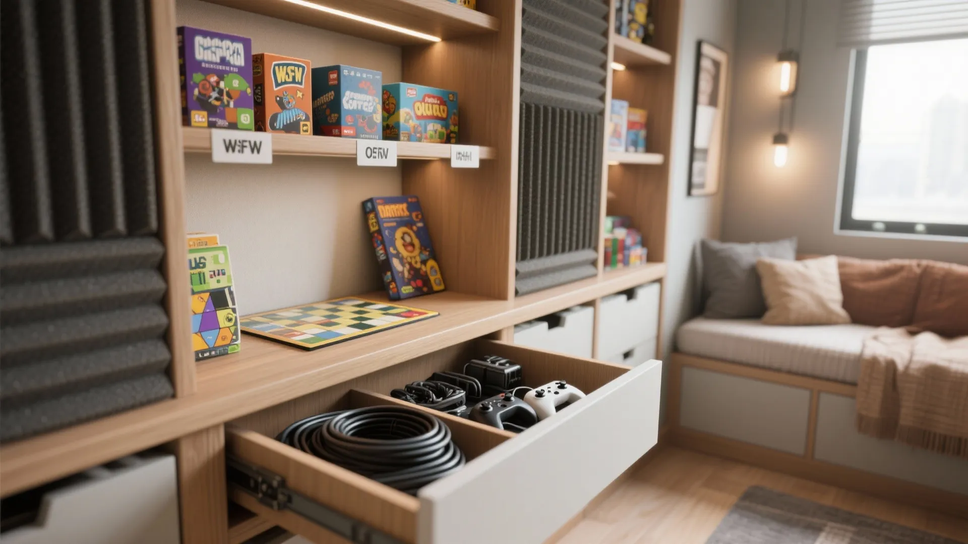 Close-up of organized storage for a game room showing labeled shelves, controllers in a drawer, and acoustic paneling.
