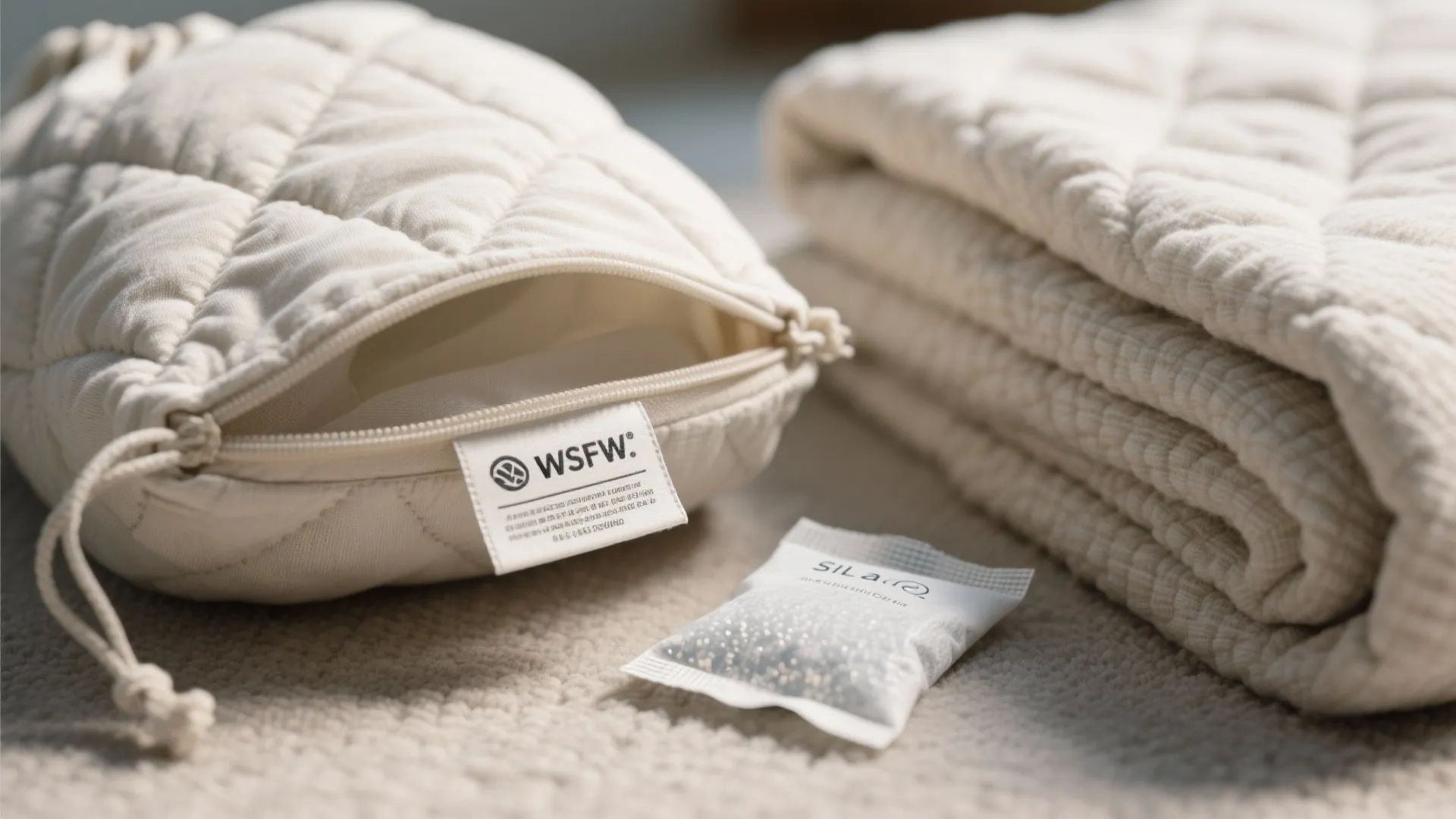 White quilted storage bag with zipper and small scented packet next to folded soft blankets