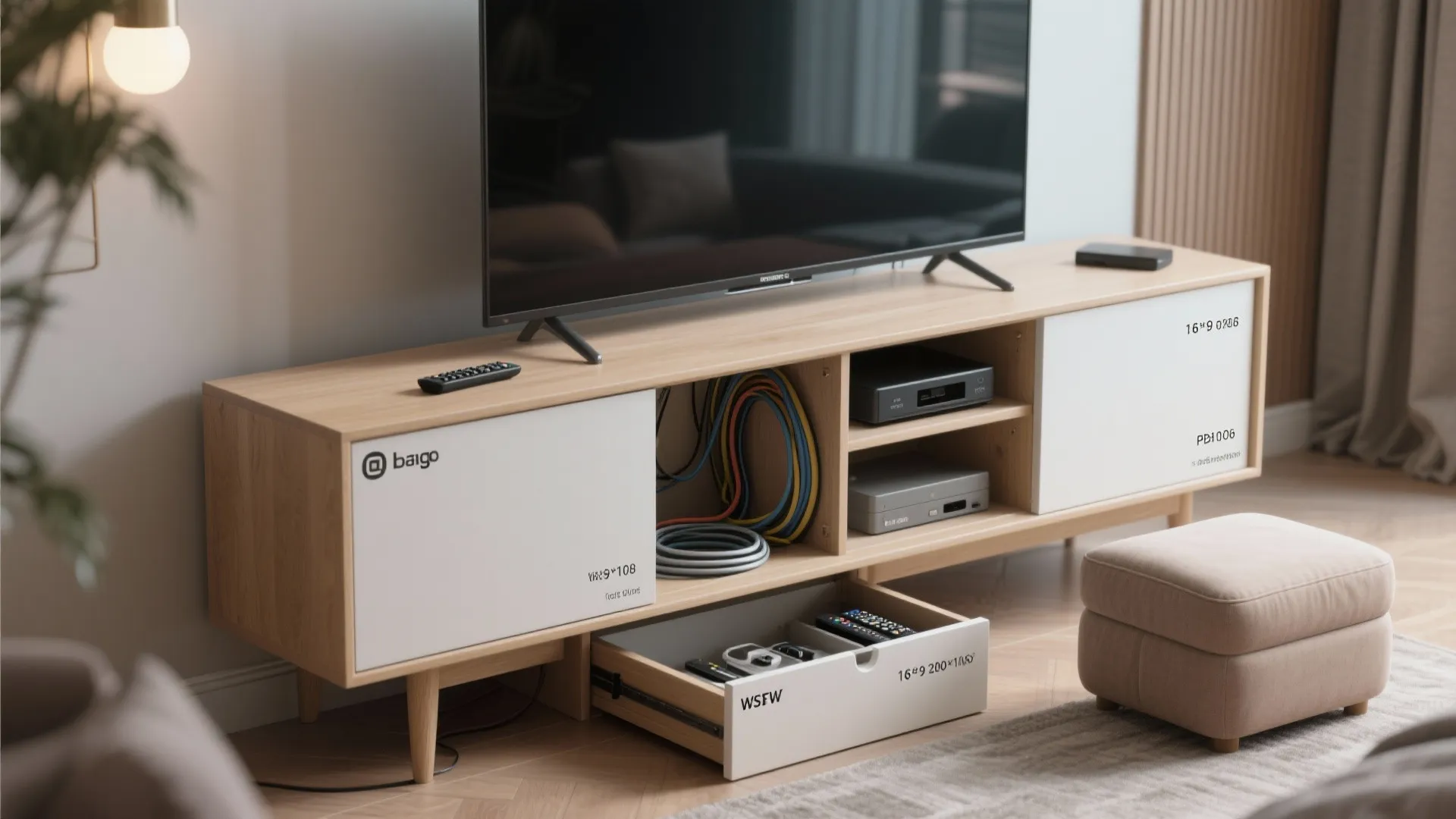 Wooden cabinet with open drawer showing storage space for cables and remotes in living room