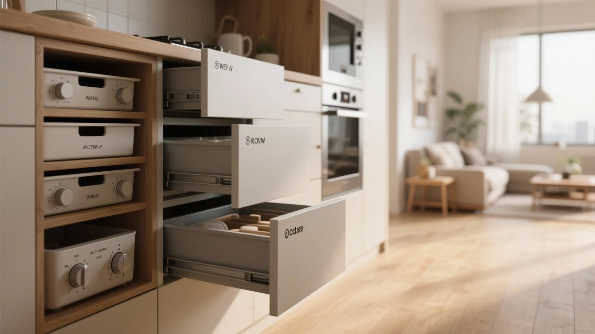 Close-up of organized pull-out drawers and compact appliance details demonstrating storage solutions.