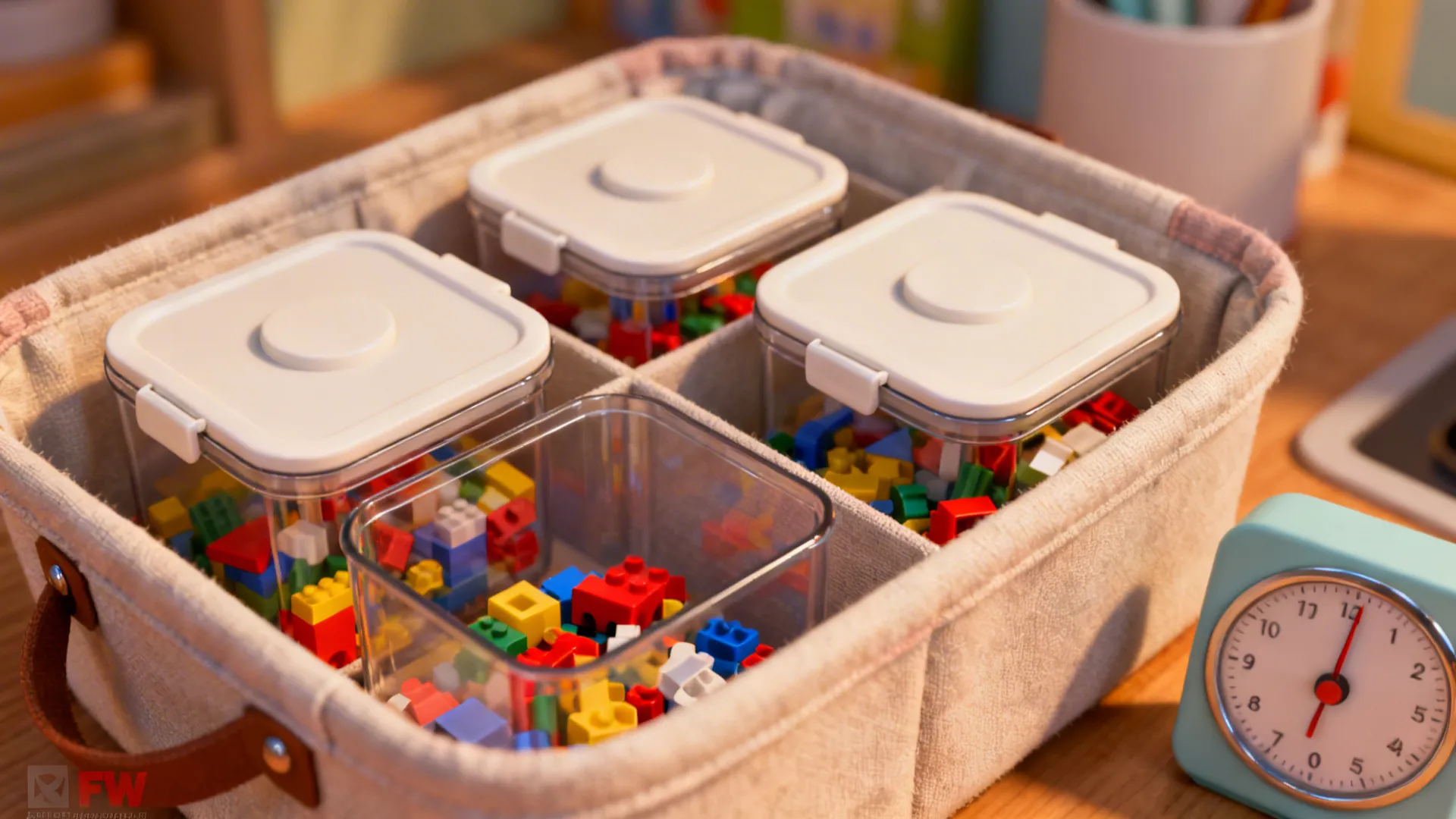 Close-up of lidded bins, clear containers, and a timer suggesting small-piece storage and tidy routines.