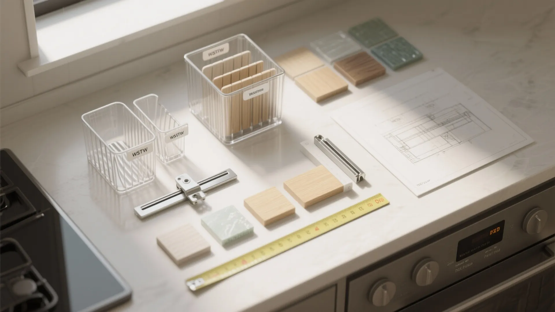 Interior design drawing with measuring tape wood samples and clear storage bins on white kitchen counter