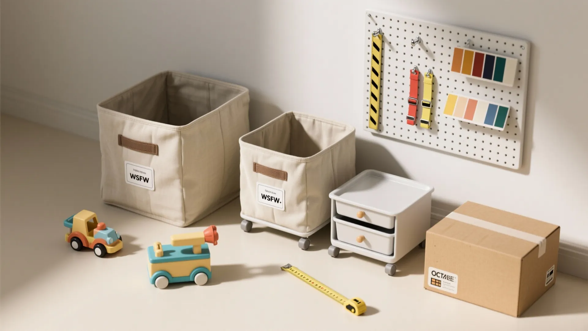 Flatlay of storage materials: fabric bins, plastic drawers, anchor straps, paint swatches and measuring tape.