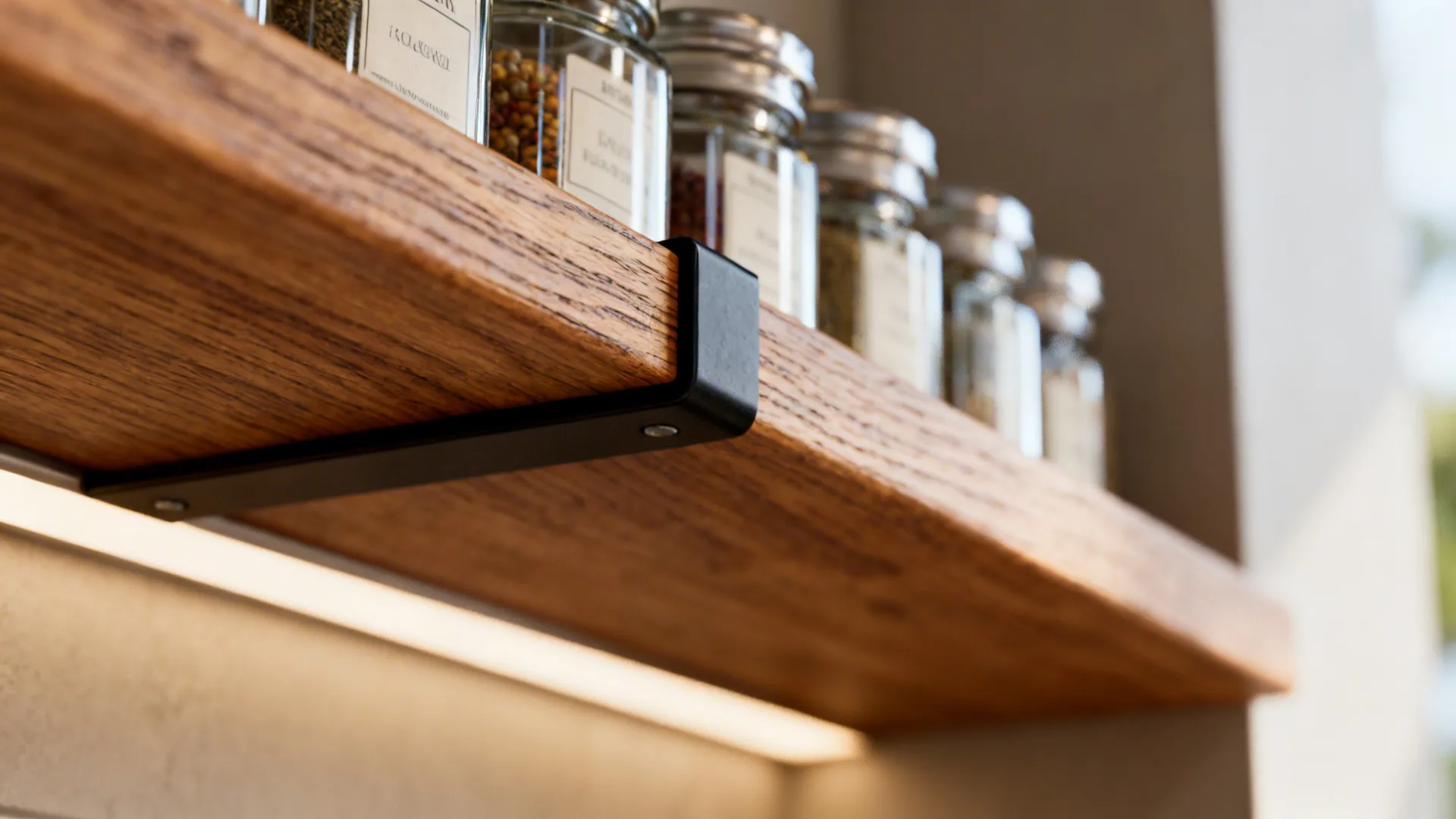 Macro view of spice jars, oak shelf, and matte black bracket under soft lighting.