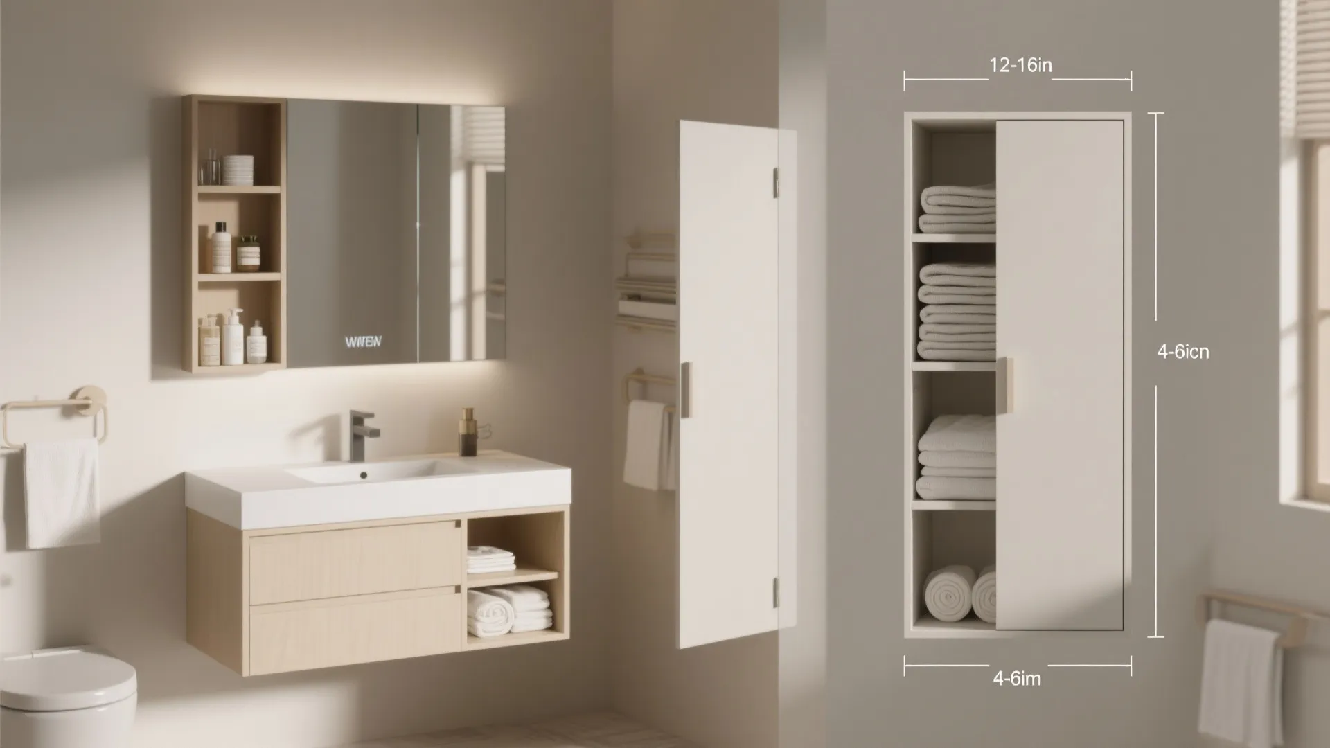 Bathroom interior design drawing showing a vanity and a storage wall cabinet with measurement labels