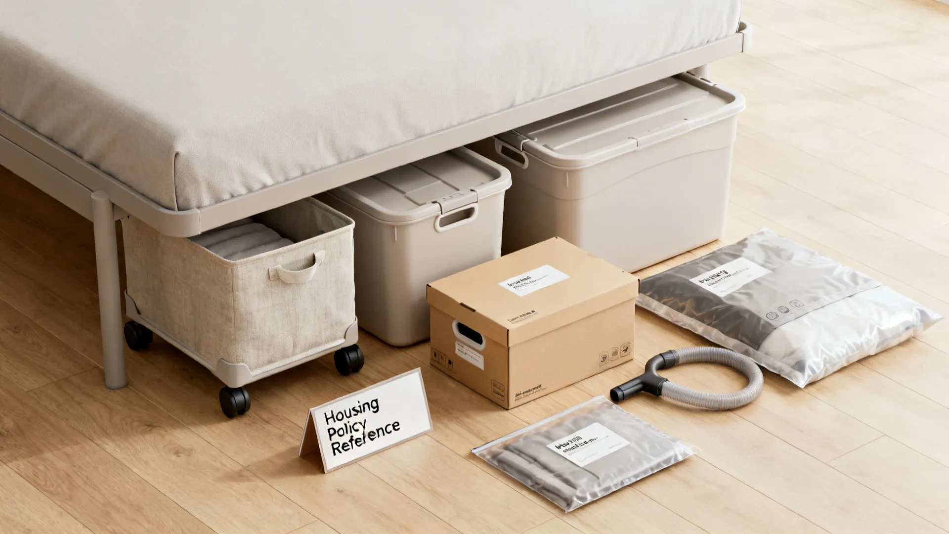 Flatlay of various under-bed storage solutions with a housing policy document nearby