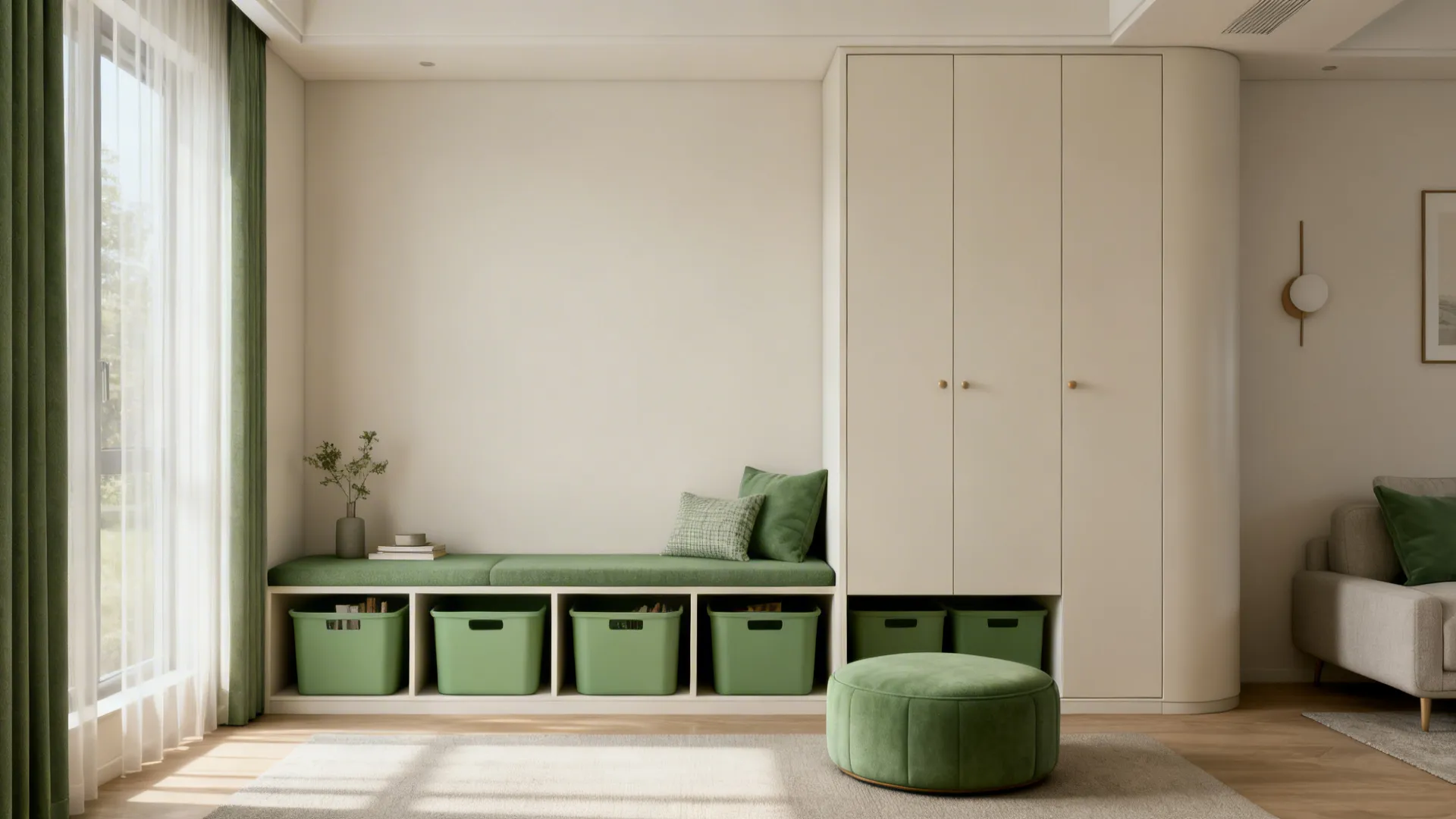 Tidy living room showing a mix of concealed and vertical toy storage solutions with safety features.