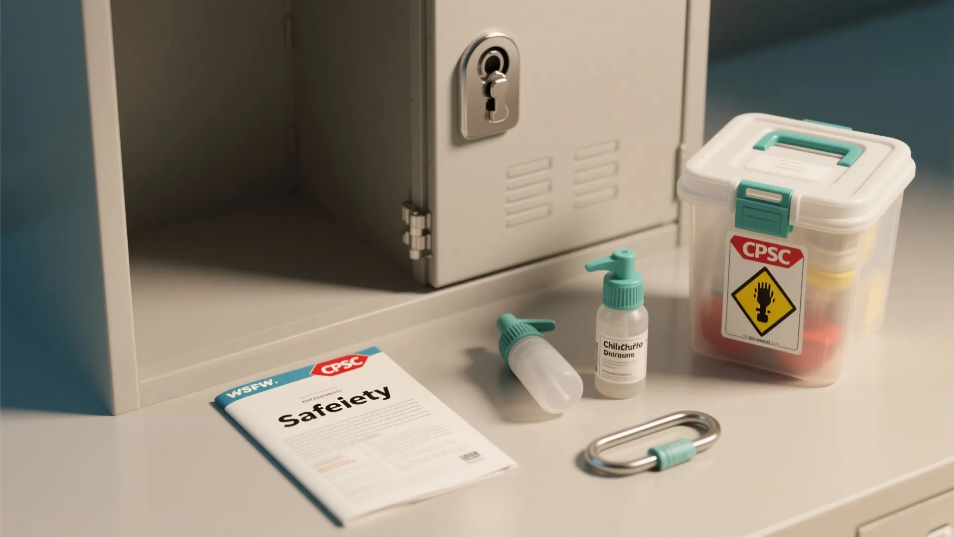 Top-down flatlay of sealed containers, labeled pumps and child-proof storage props illustrating safe detergent storage tips.
