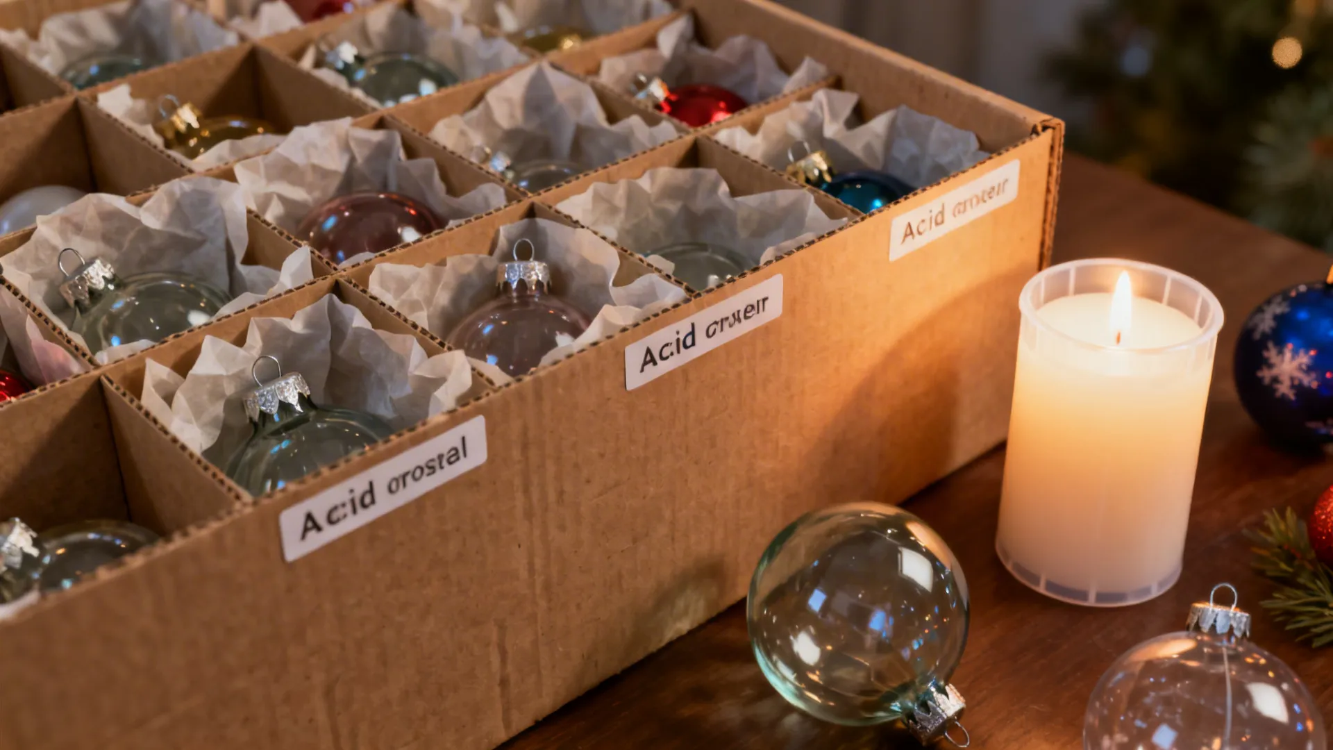 Compartmentalized ornament storage with acid-free tissue and realistic LED candle for safe tree lighting.