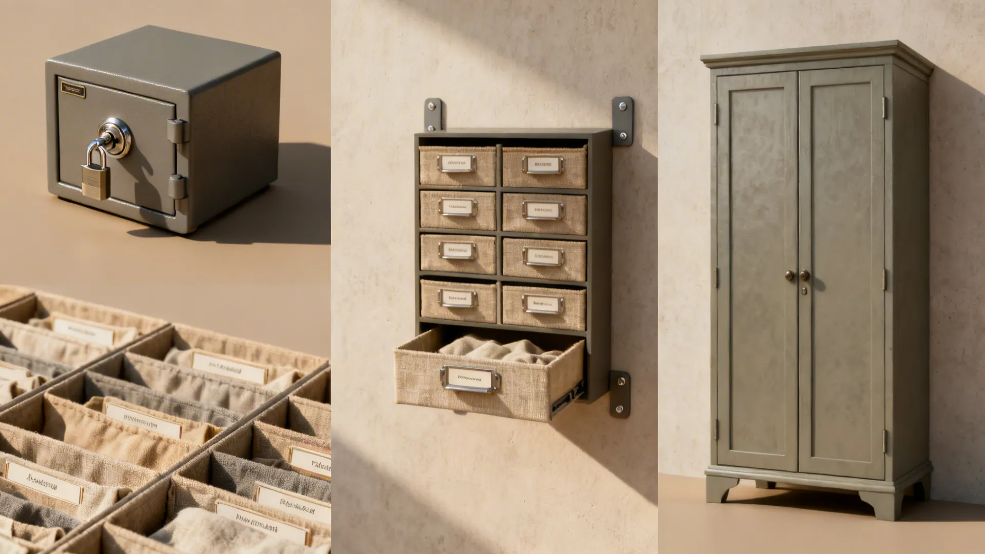 Collage of secure storage options: small safe, armoire, and labeled drawer inserts for jewelry safety.