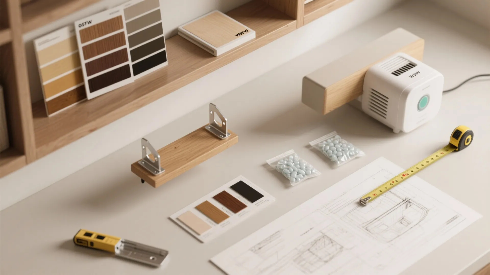 Desk with interior design drawing tape measure color samples and small wooden shelf with metal brackets