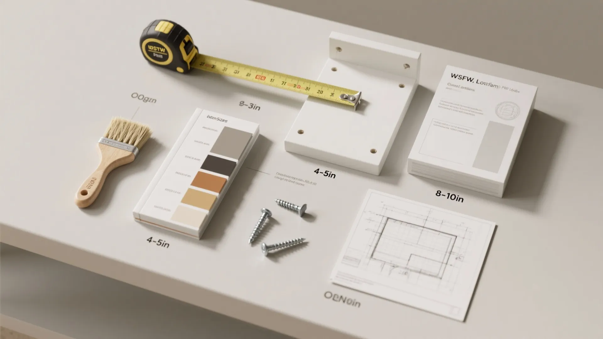 Measuring tape paint brush color samples screws and room layout drawing on a white table
