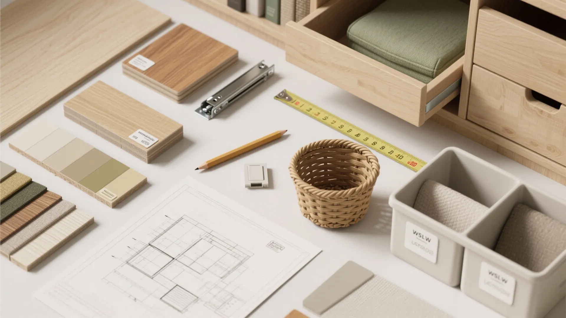 Wood samples color swatches interior design drawing pencil tape measure small basket and storage bins
