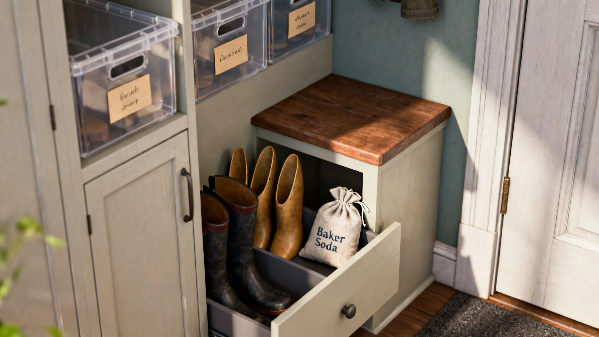 Entryway vignette showing clear labeled boxes, boot shapers, and odor-control sachets
