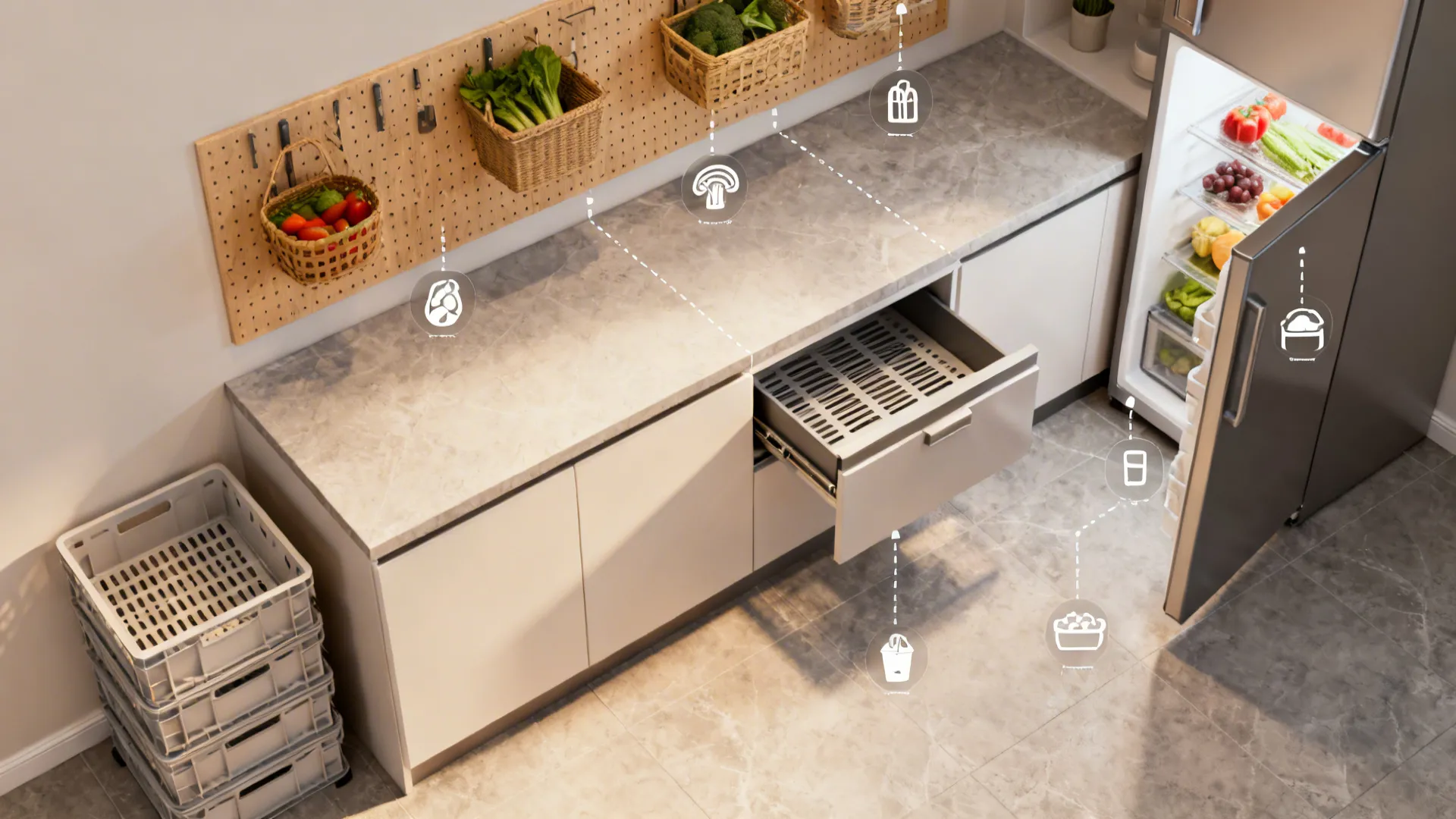 Top-down kitchen layout illustrating zones for wall baskets, crates, a ventilated drawer, and crisper areas.