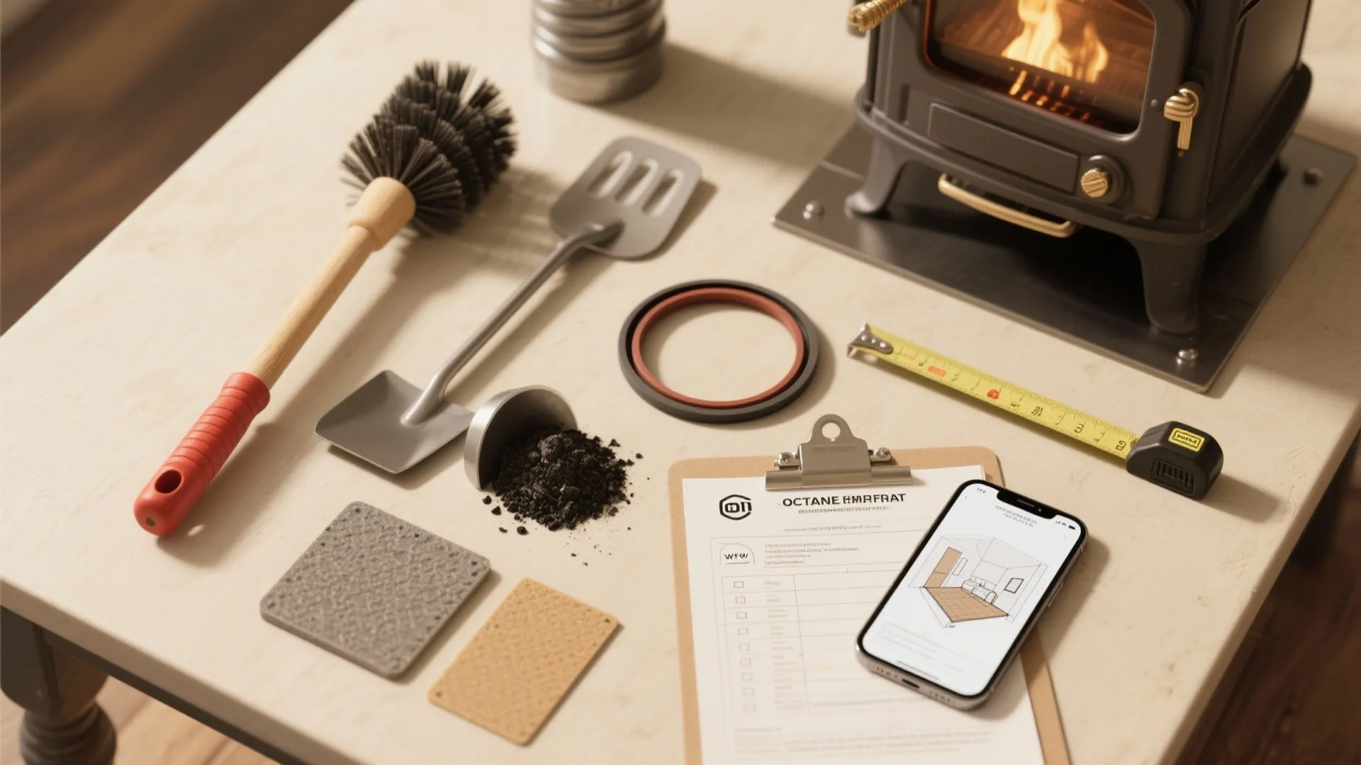 Flatlay of stove maintenance tools, measurement tape, permit papers and a room layout mockup for small stove planning.
