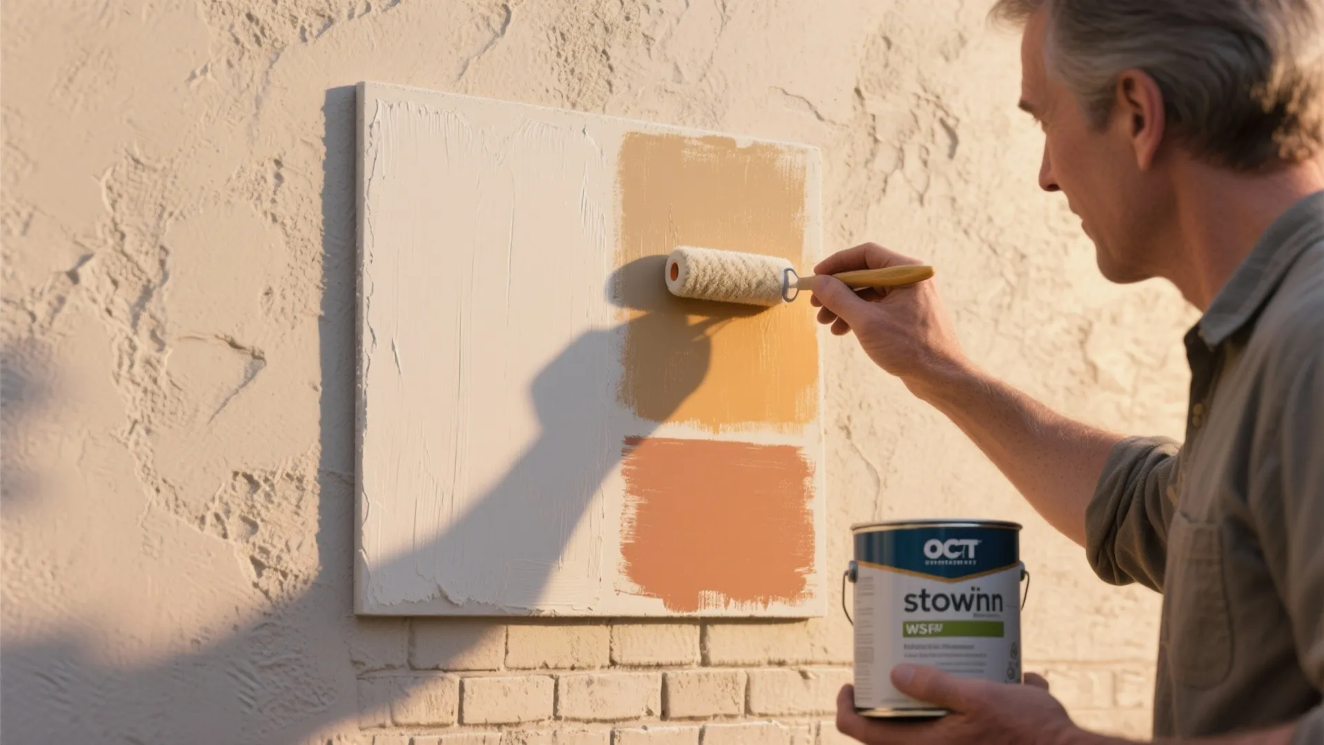 Man using small roller to apply yellow paint samples on white textured wall holding paint can