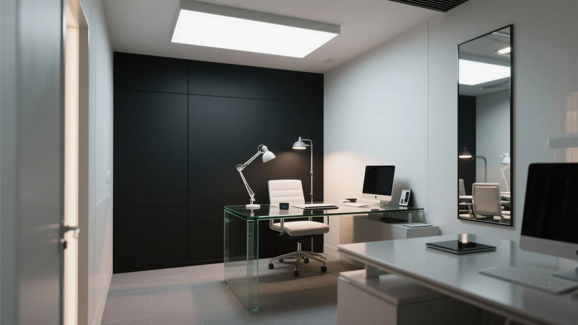 Professional workspace with glass desk white chair black wall paneling computer and modern ceiling light fixture