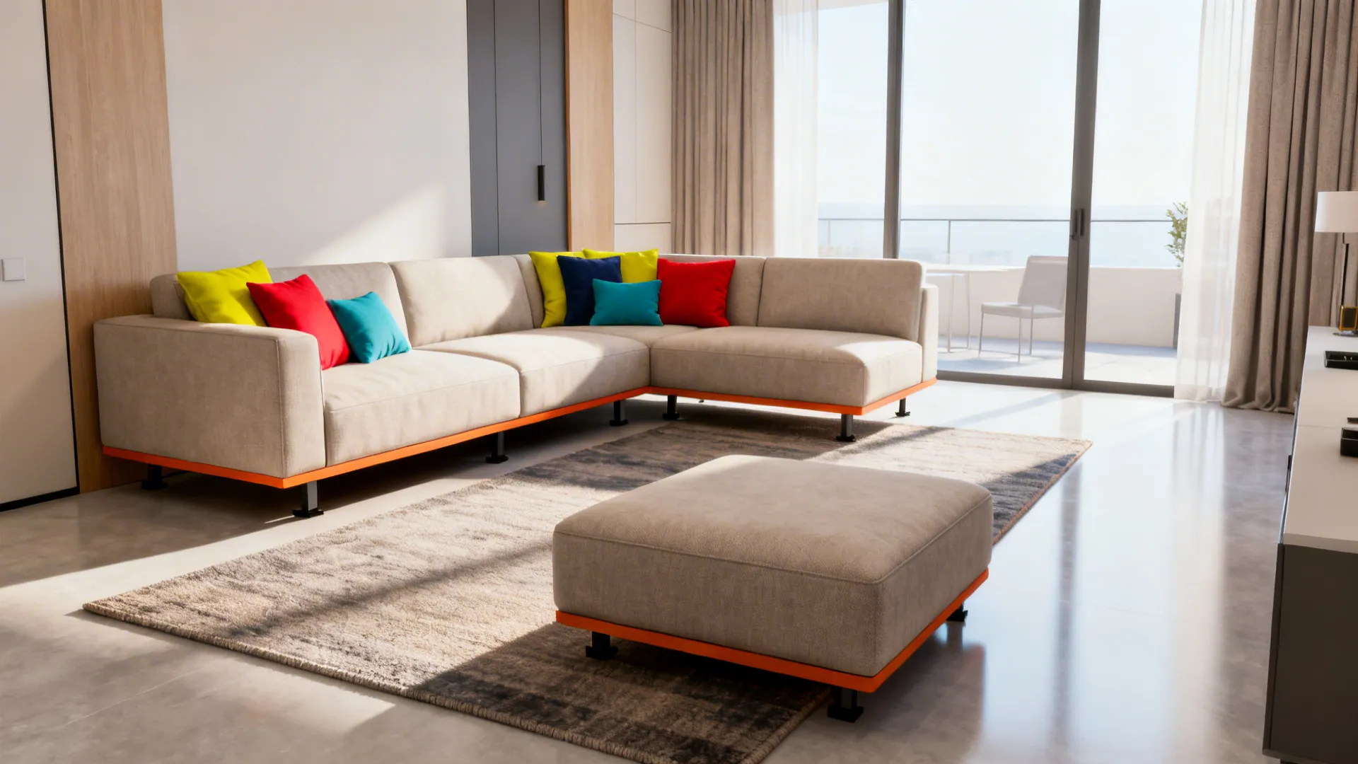 Studio apartment living area with a low-profile sectional, rug, and clear circulation demonstrating small-space strategies.