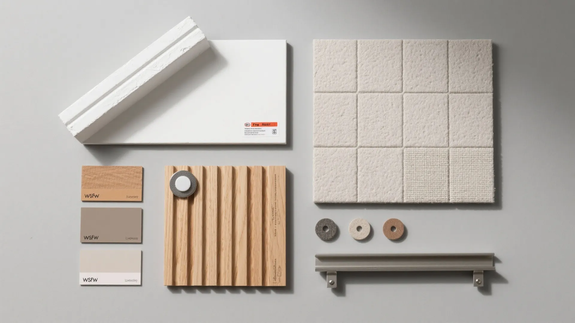 Interior design material board with wood panels white wall tiles color swatches and metal hardware
