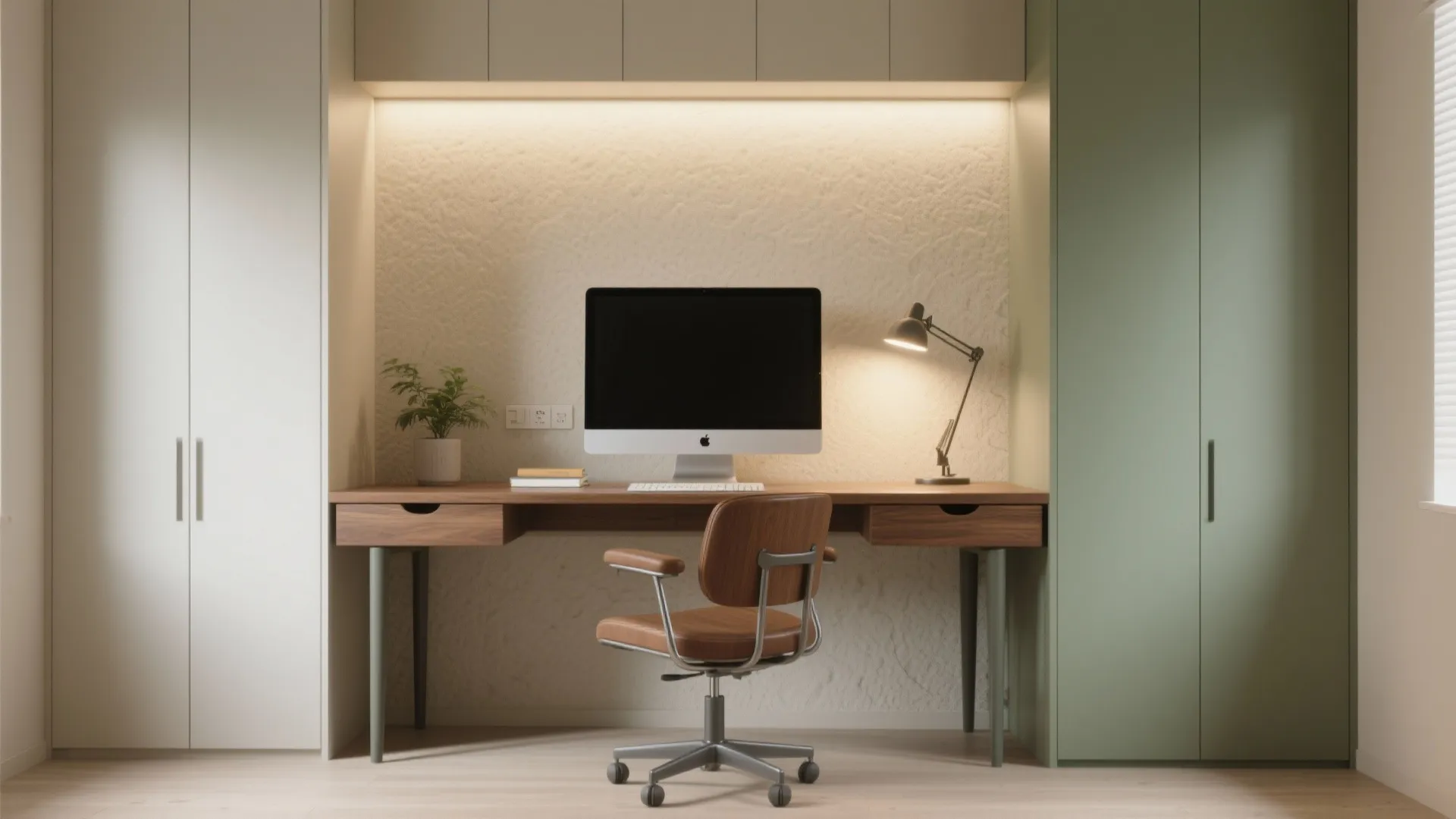 Minimalist study area featuring wooden desk computer chair green cabinets and warm hidden wall lighting