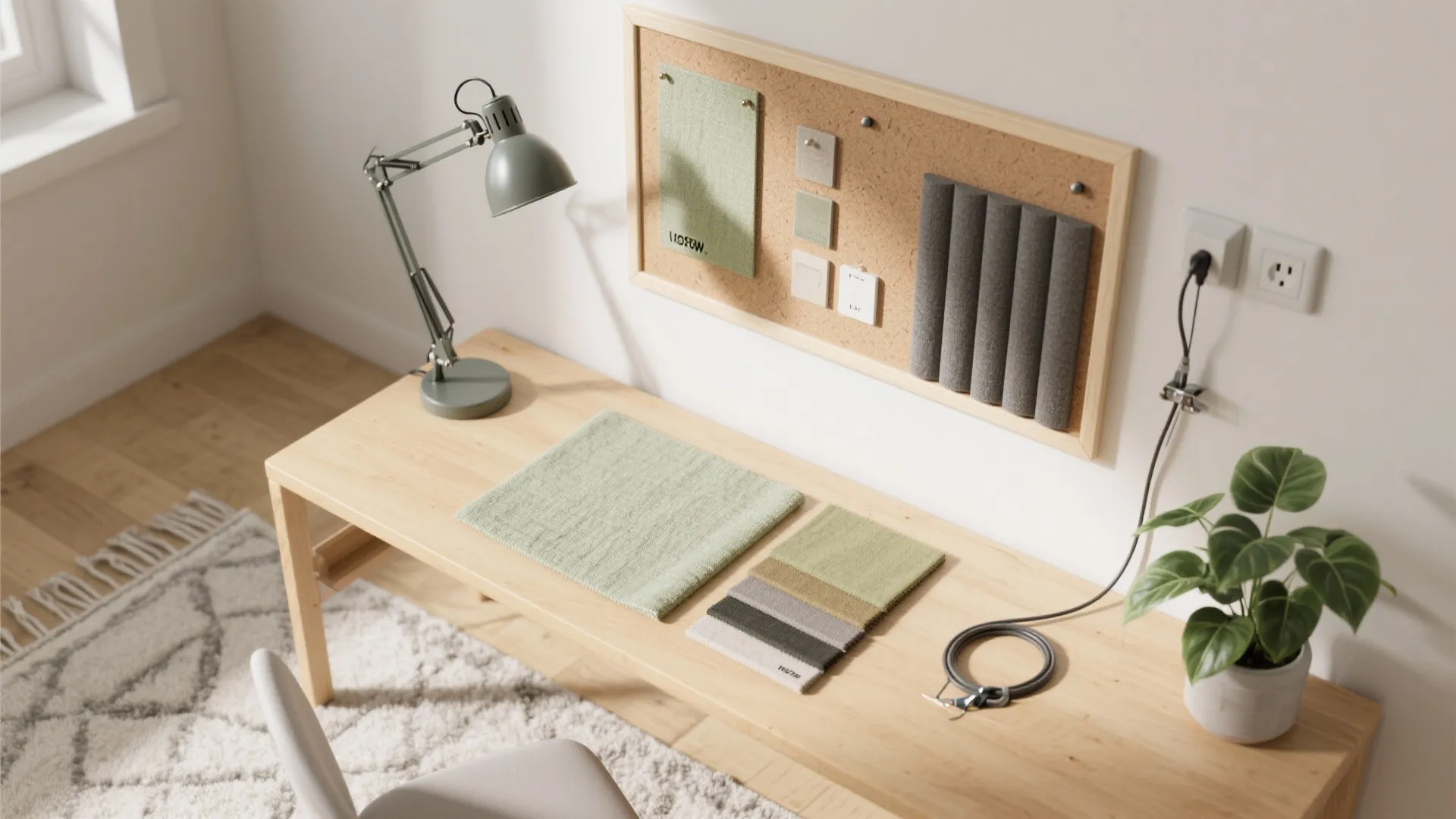 Wooden desk with green lamp and cork board showing various fabric samples for interior design