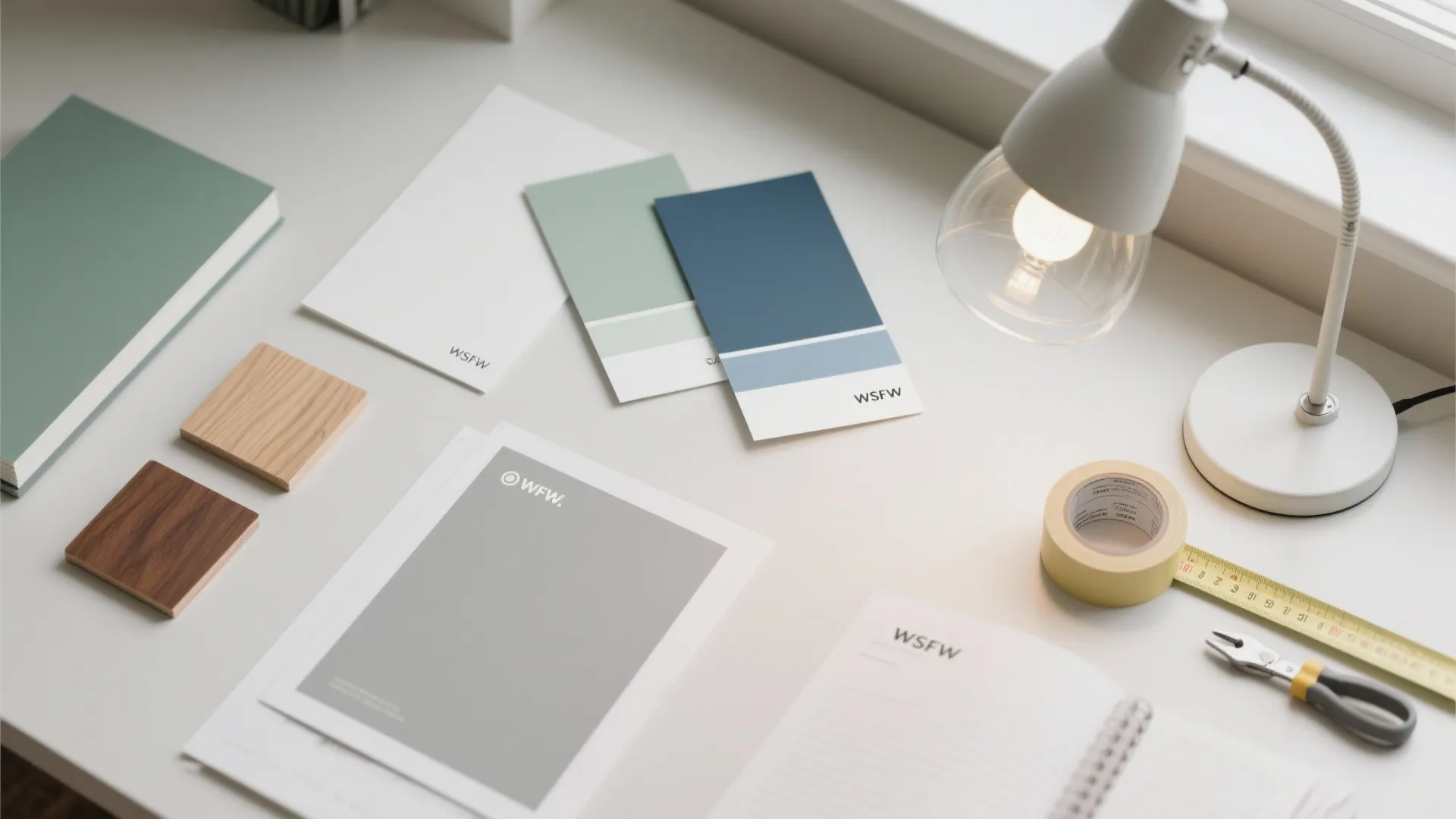 Desk with color cards wood samples a table light tape measure and small tools for design