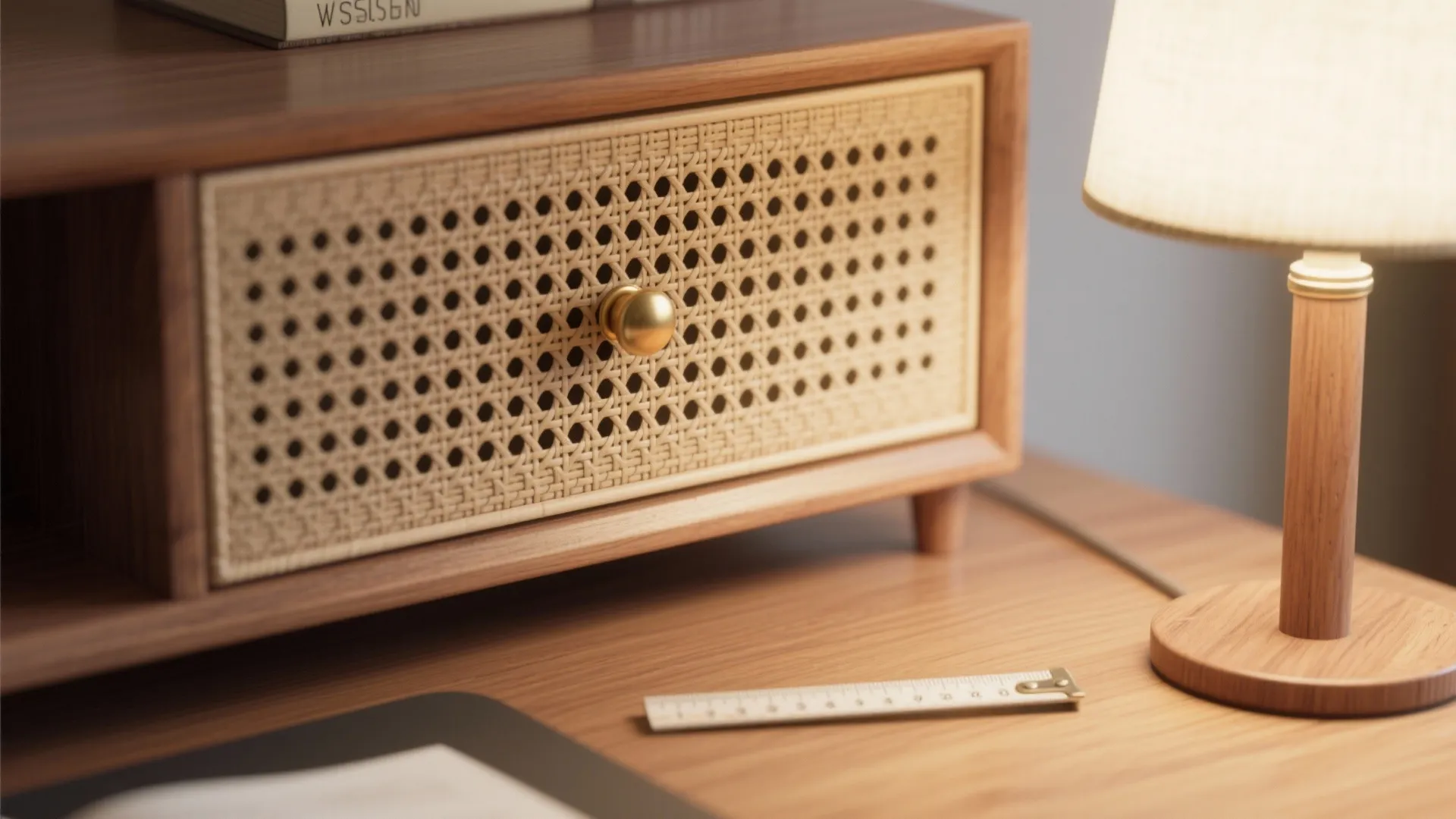 Close up view of wooden cabinet with woven drawer sitting on desk near warm lamp