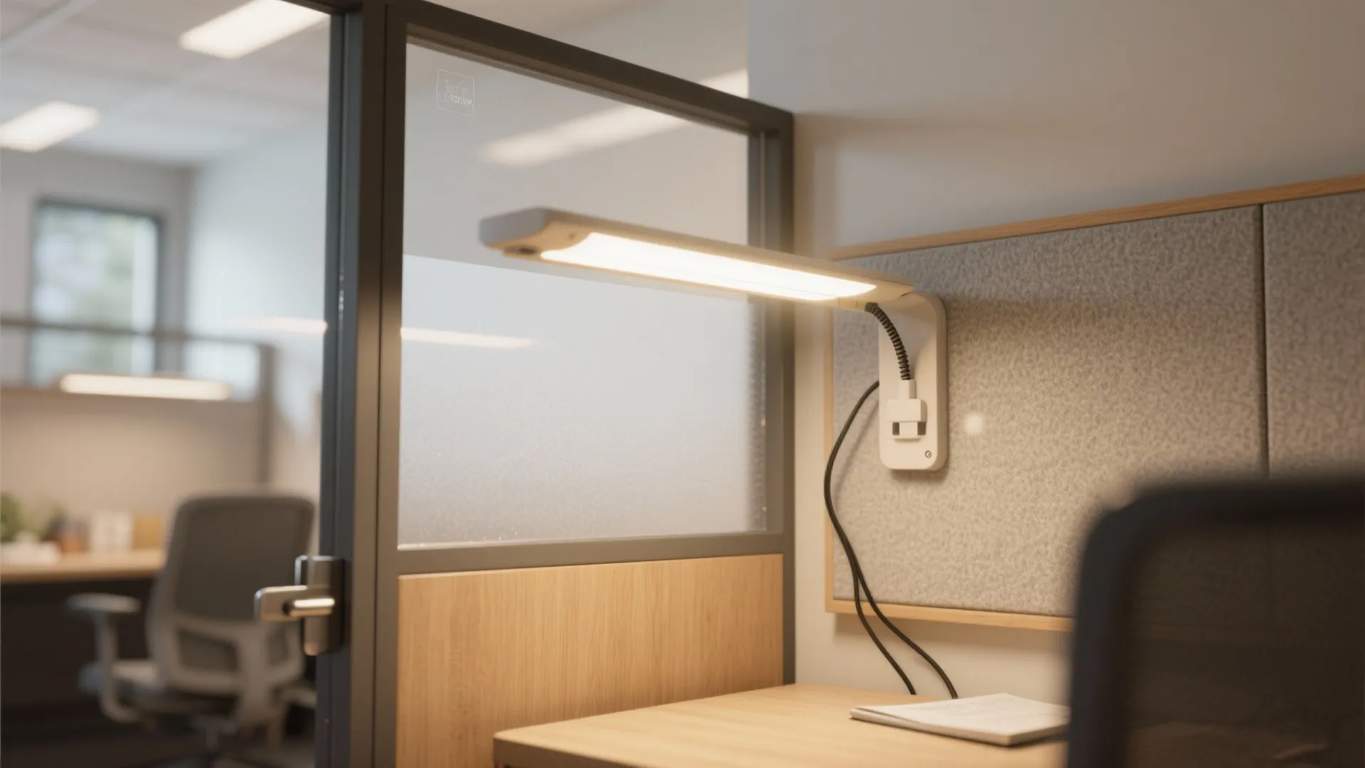 Modern office workspace with wall light, wooden desk, grey wall panel, and frosted glass door