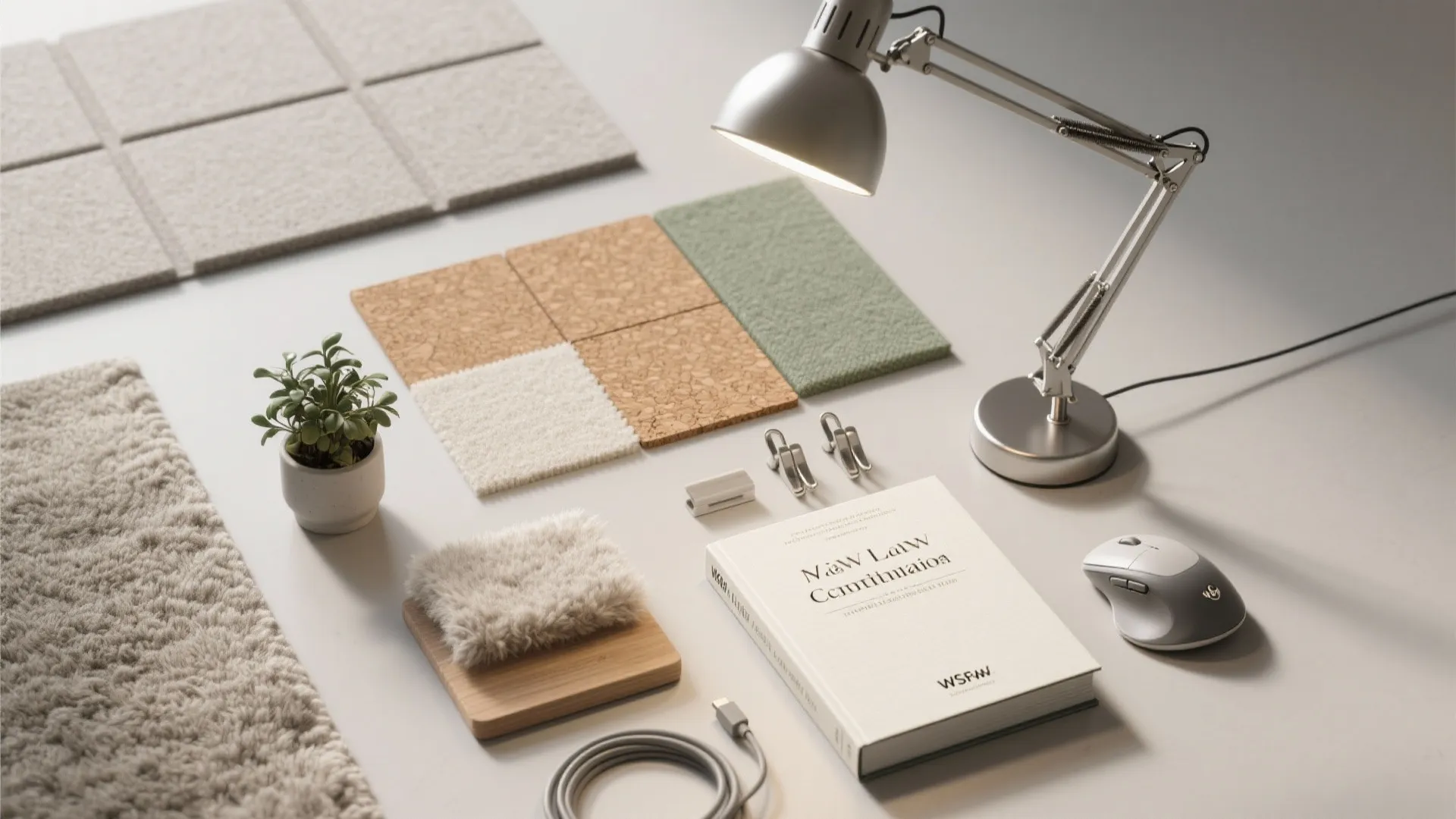 Desk arrangement with a table lamp, book, mouse, small plant, and various material design samples