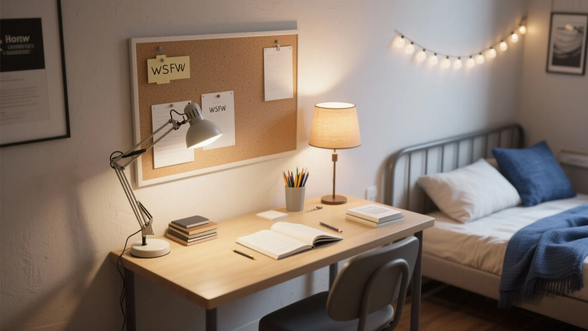 Cozy student study area with wooden desk, desk lamp, cork board, and a single bed