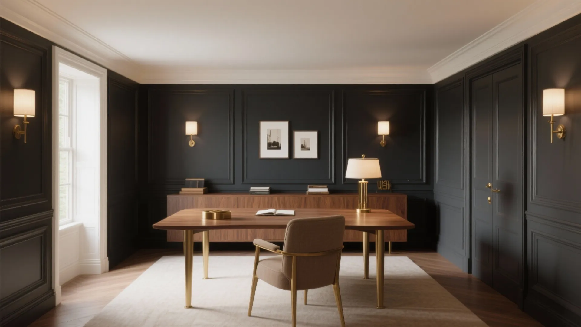 Classic home office with black wall panels large wooden desk brown chair and warm wall lights