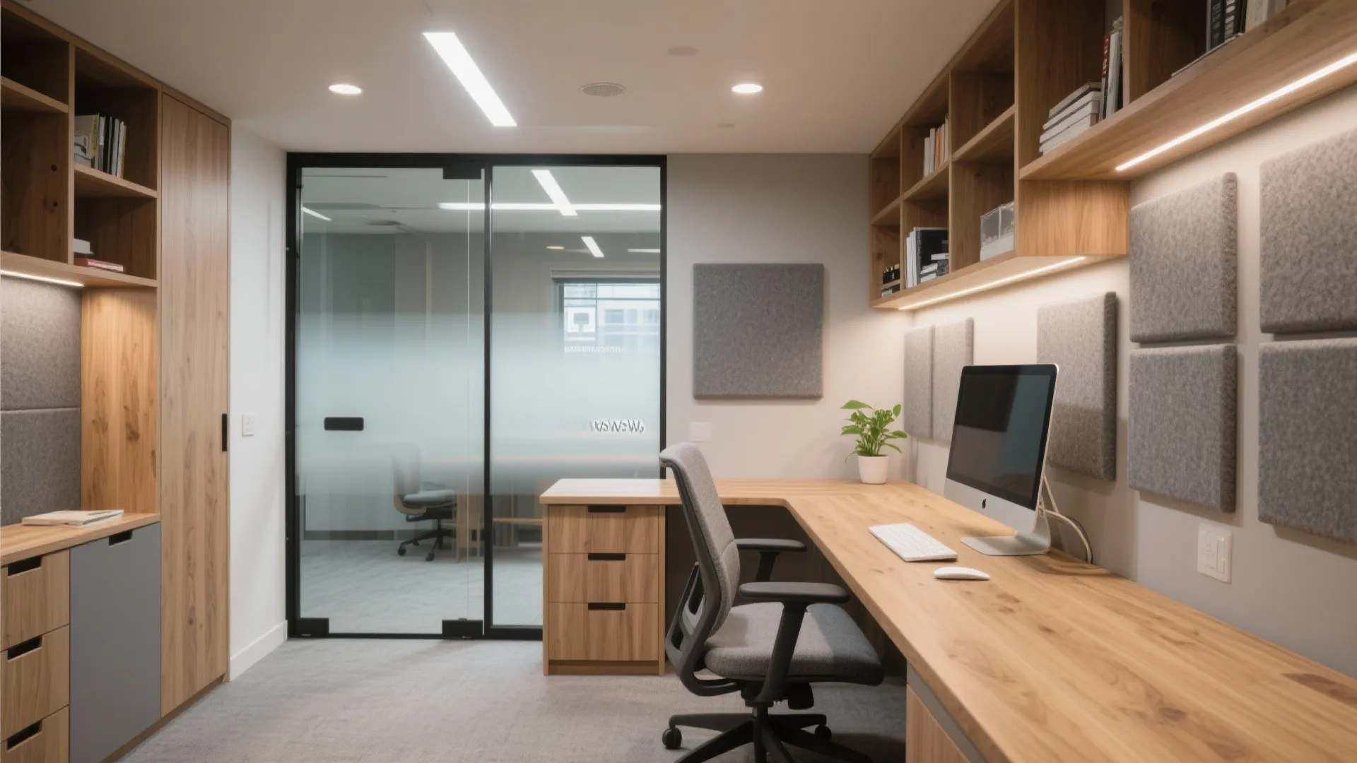 Study room showing acoustic panels, a frosted glass partition, an L-shaped desk, warm wood finishes, and balanced lighting.