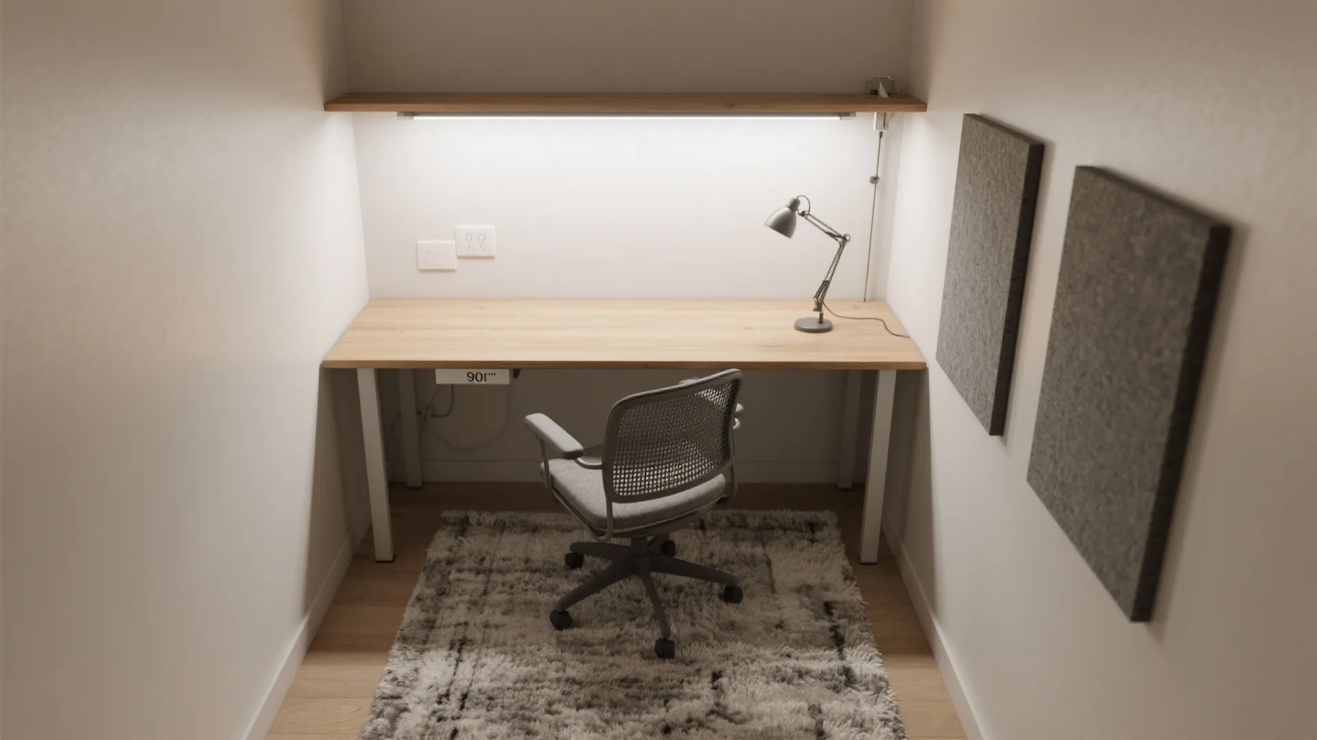Top-down micro study layout with wall-mounted desk, slim chair, layered lighting, rug, and acoustic panels.
