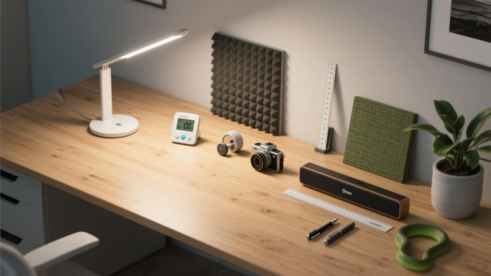 Wooden desk with white lamp digital clock small camera speaker plant pens and a wall panel
