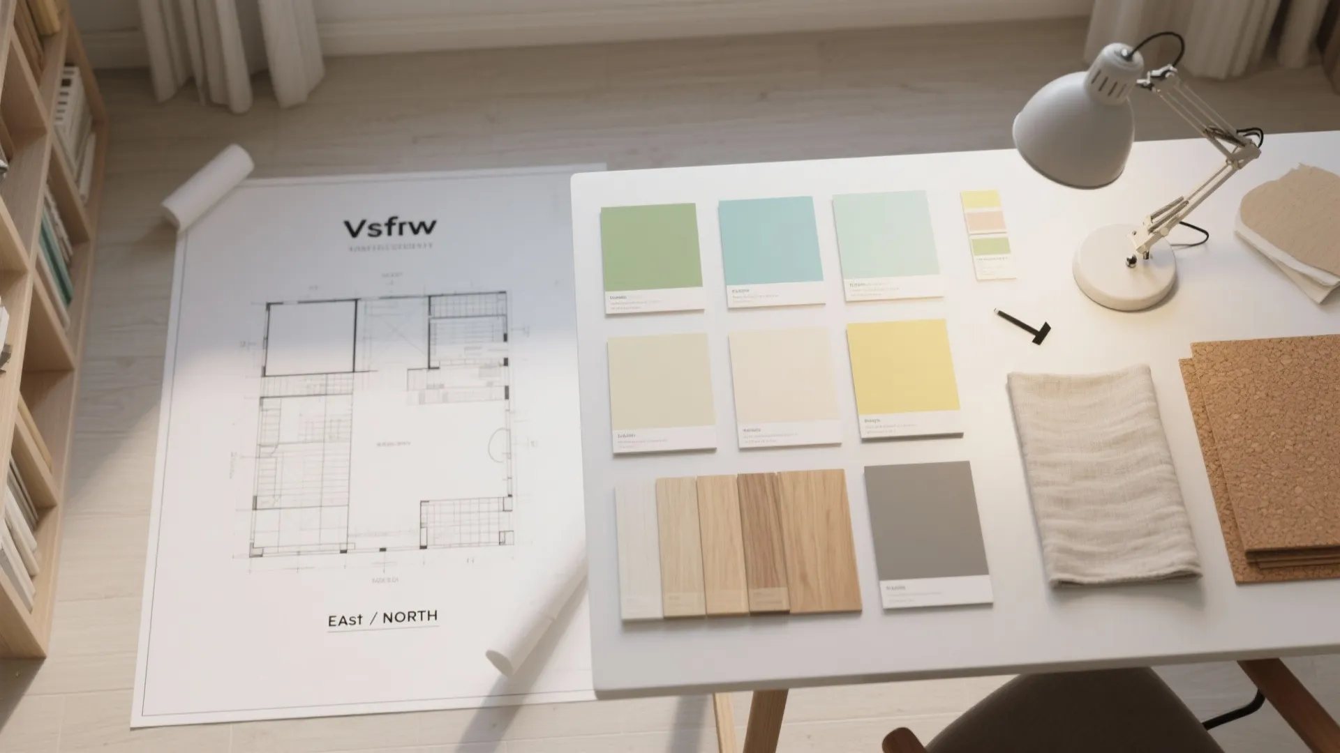 Interior design drawing on floor with color samples wood pieces and lamp on white desk