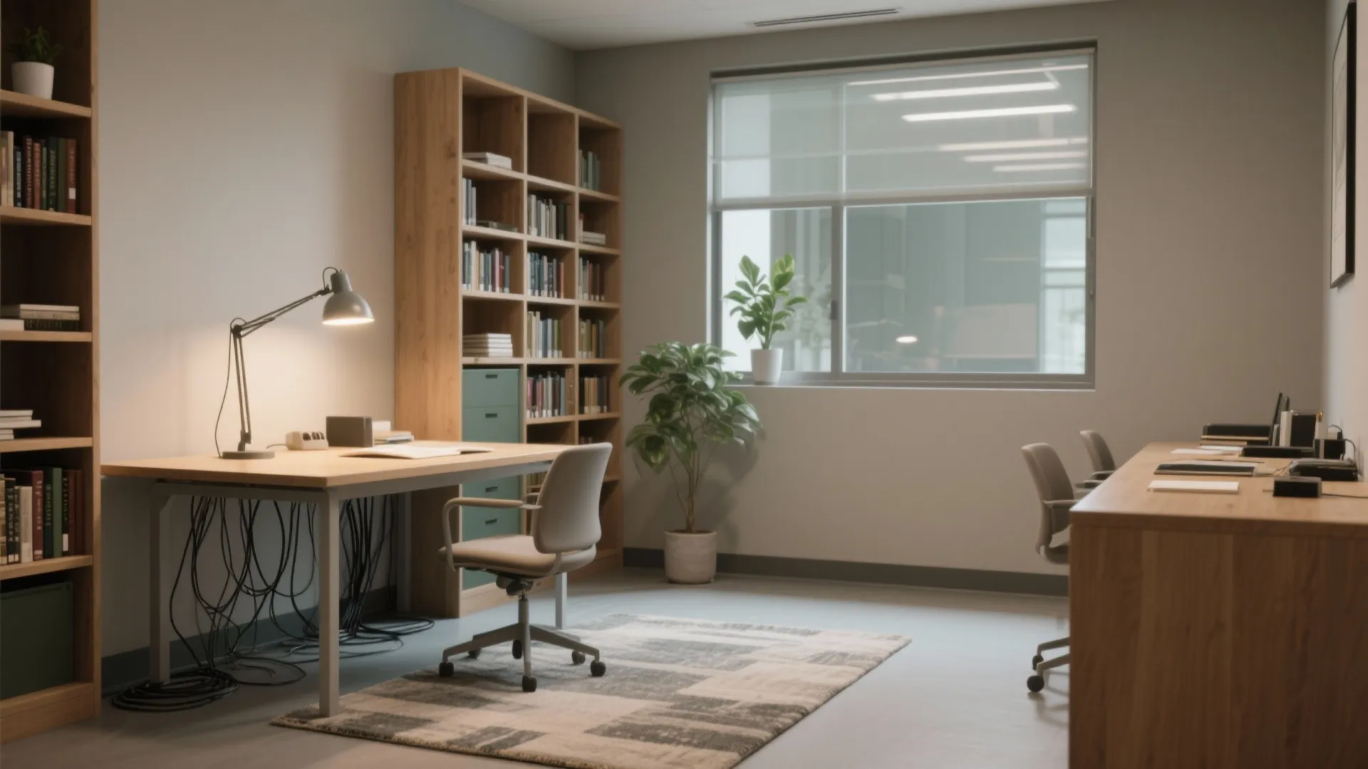 Modern home office with wooden desk grey chair large bookshelf green plants and patterned rug