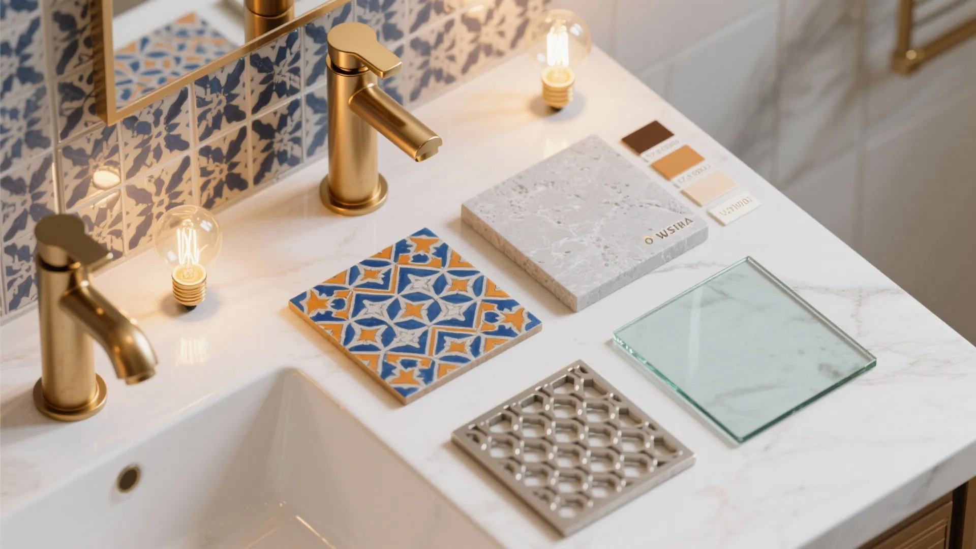 Selection of bathroom materials including blue patterned tile stone samples and gold faucets on counter