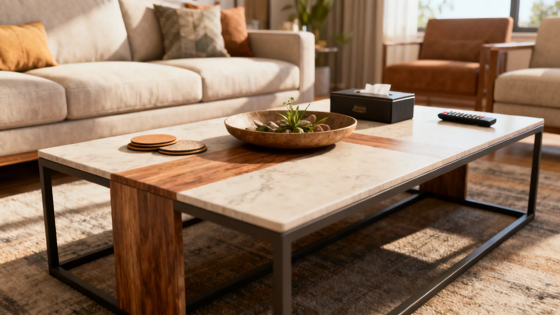 Coffee table styled to answer common centerpiece FAQs with low-profile decor and functional items